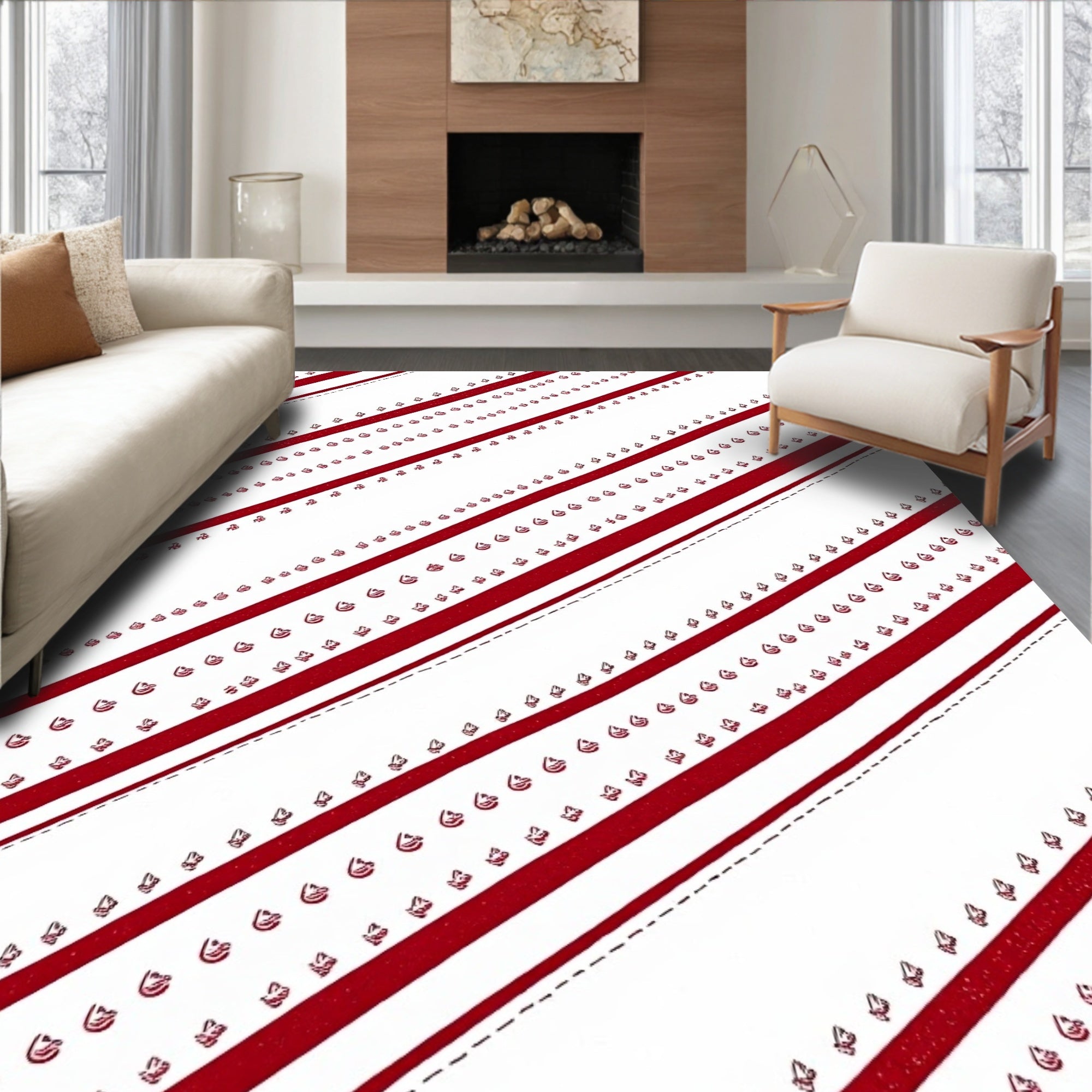 Red White Diagonal Stripe Floral Rug