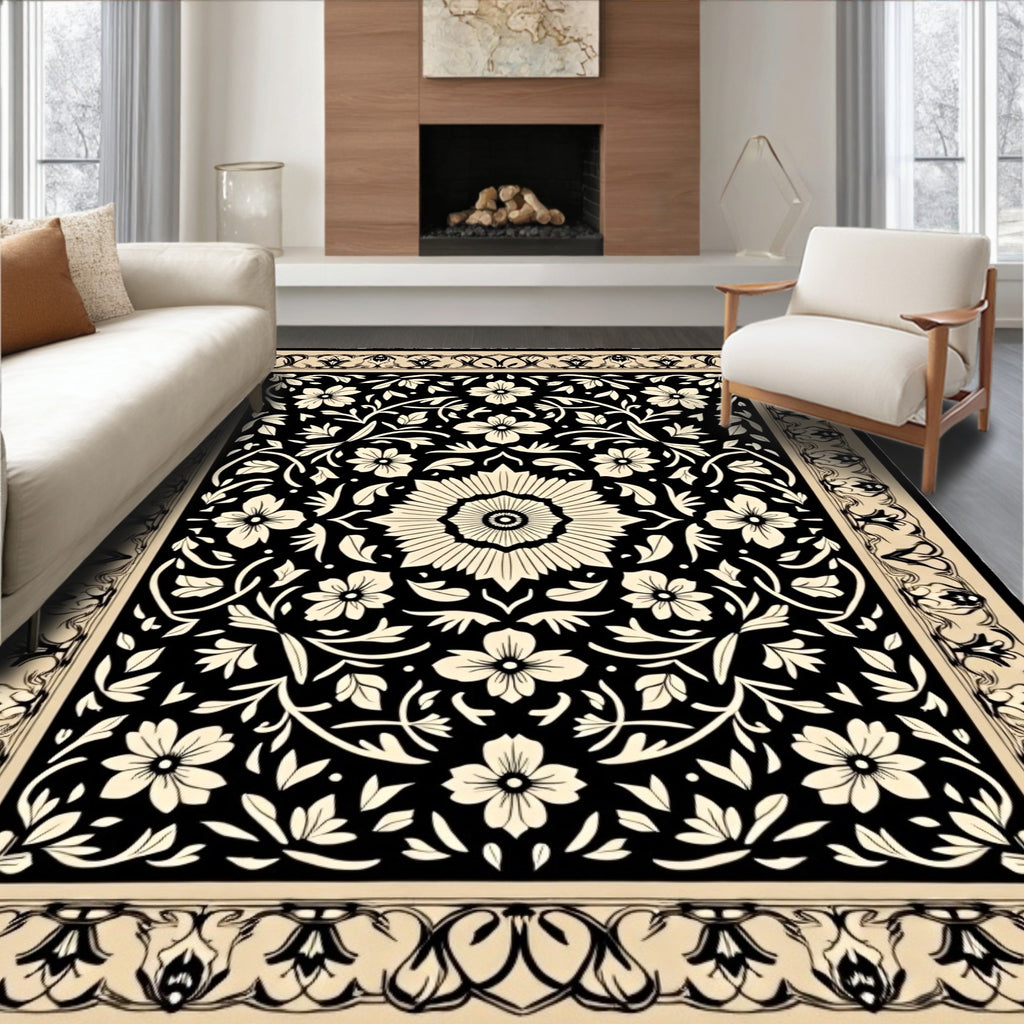 Classic Floral Patterned Black and Cream Rug