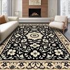 Classic Floral Patterned Black and Cream Rug