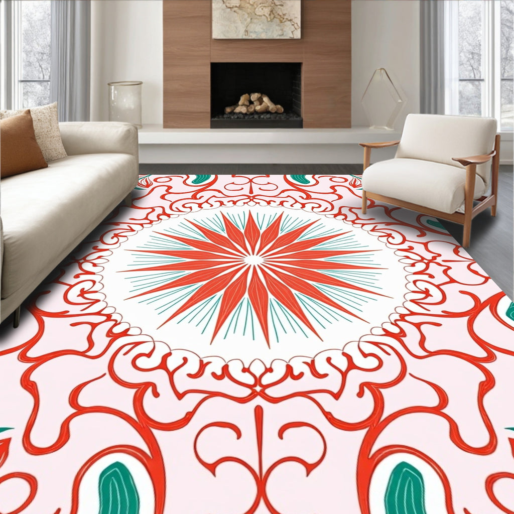 Red Teal Starburst Mandala Pattern Rug