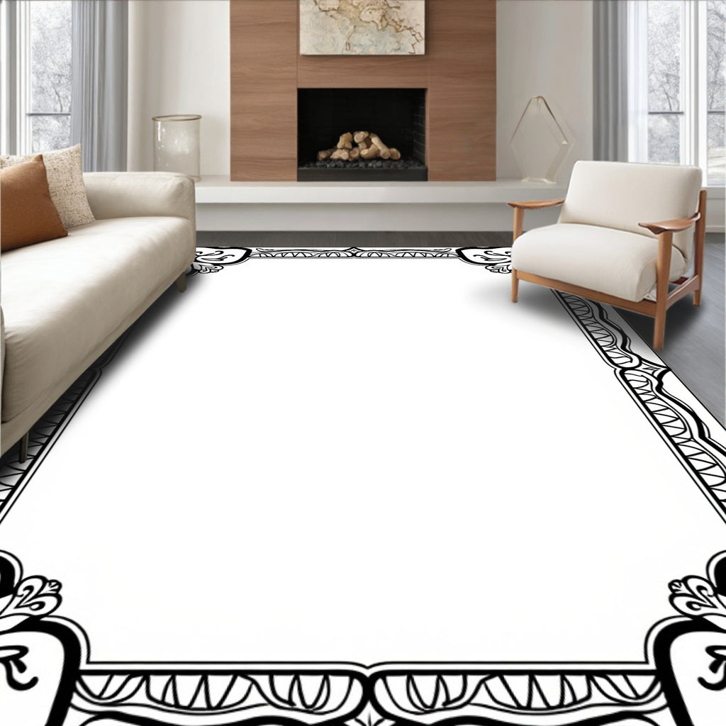 Elegant Black And White Floral Design Rug