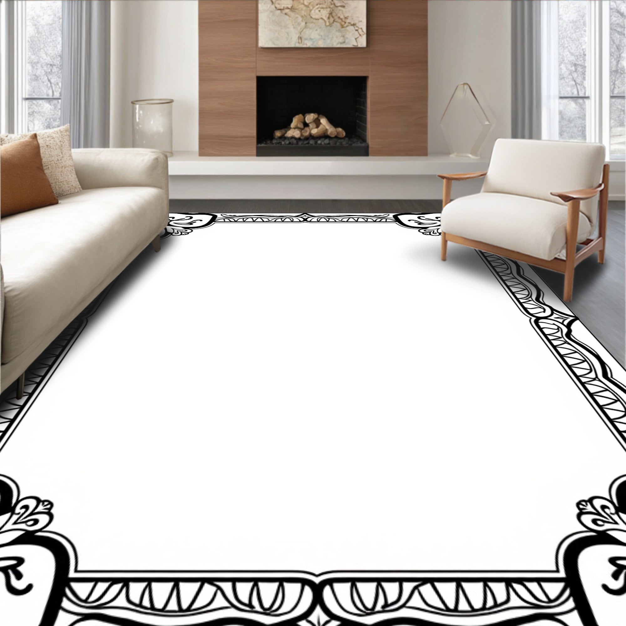 Elegant Black And White Floral Design Rug