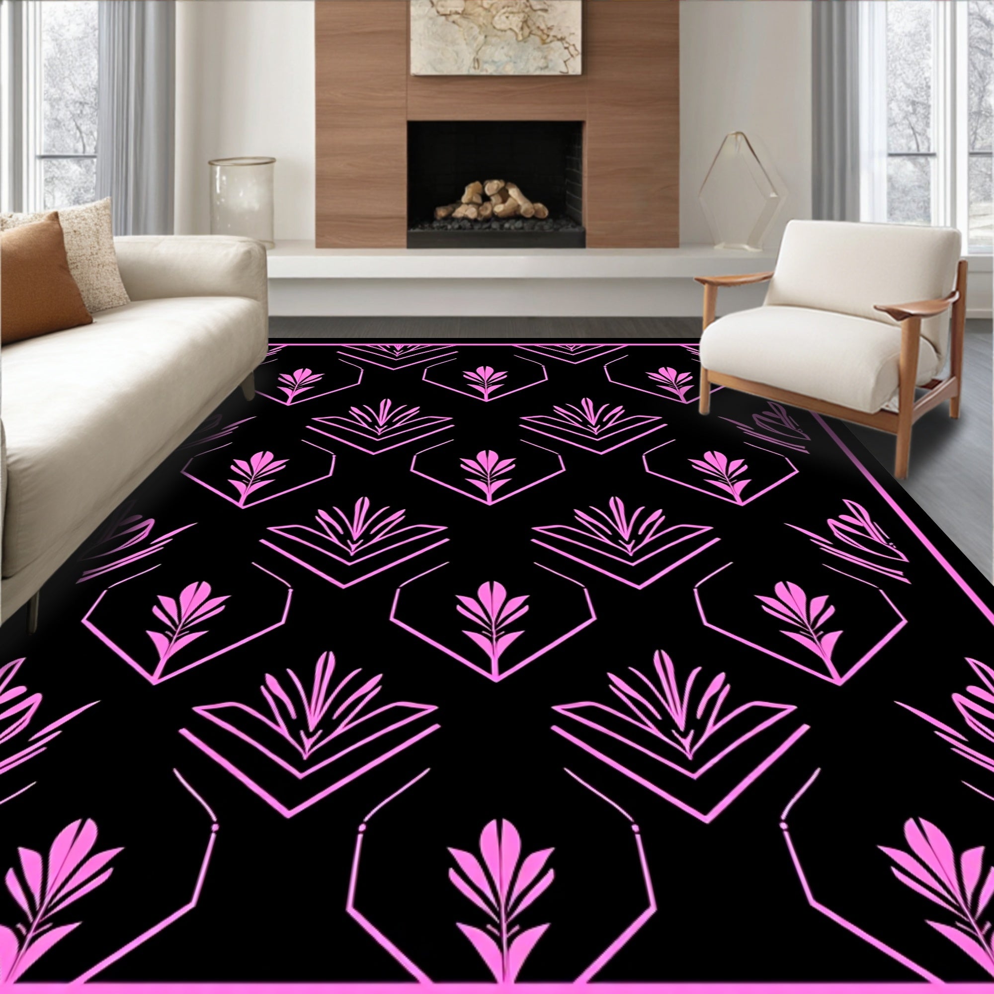 Modern Pink Geometric Floral Design Rug