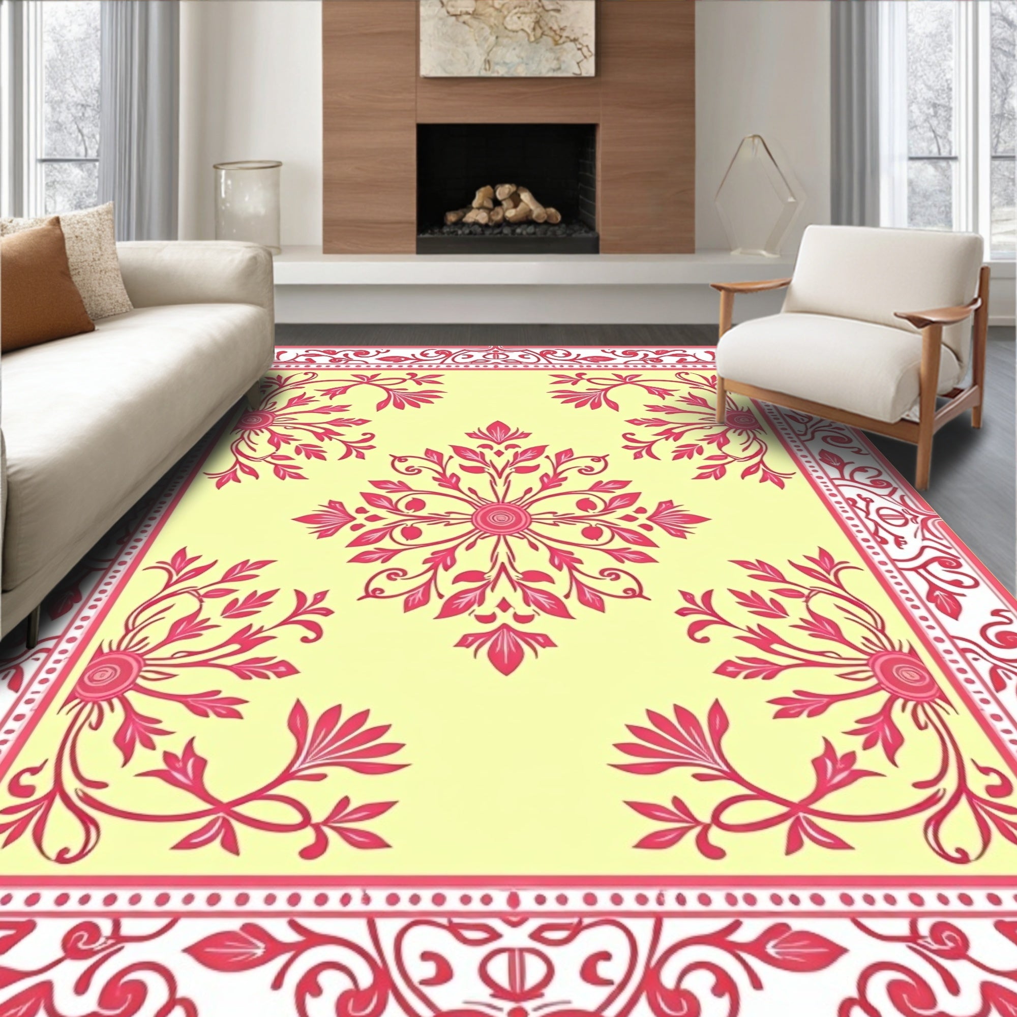 Pink Floral Medallion Yellow Background Rug