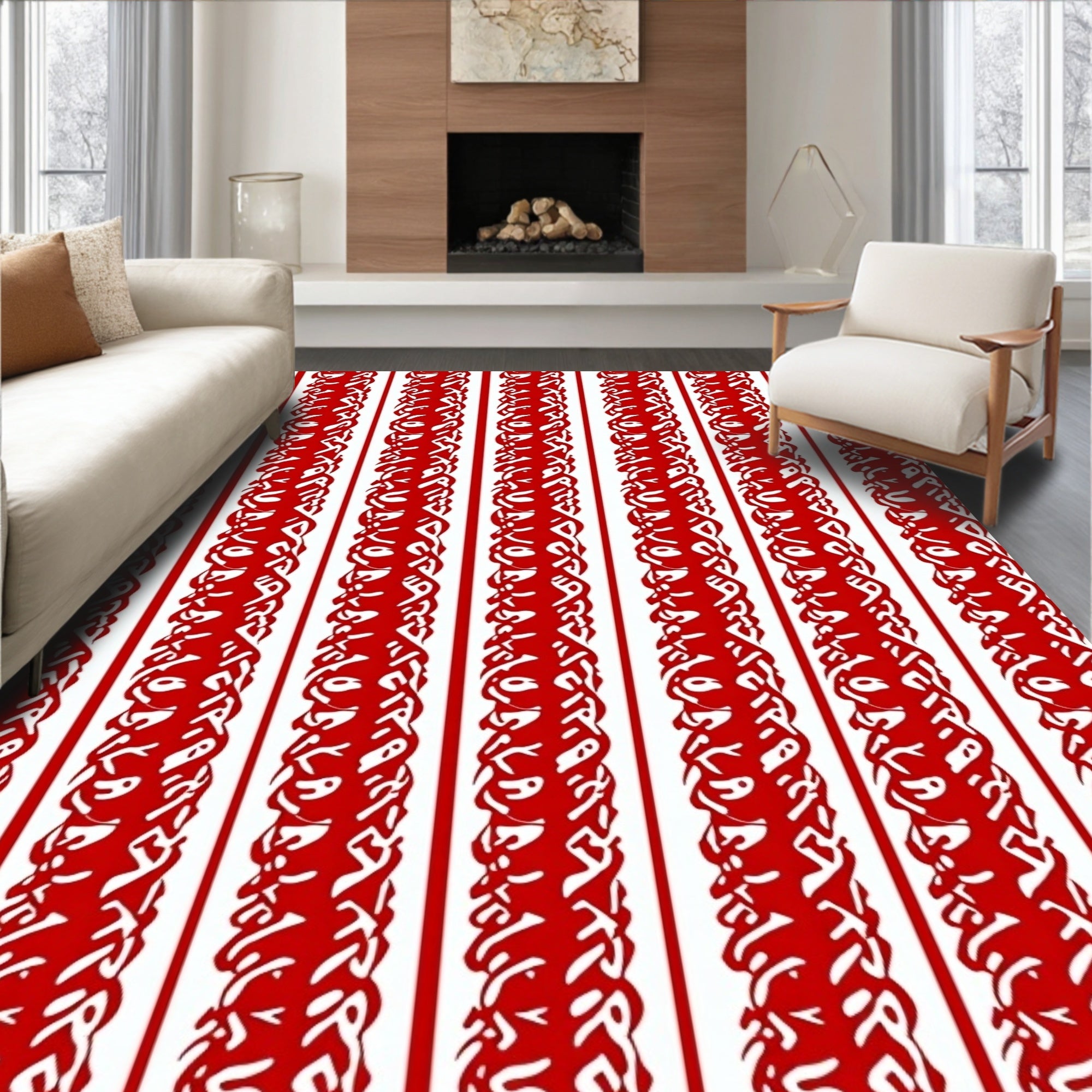 Crimson White Vertical Intricate Stripe Rug