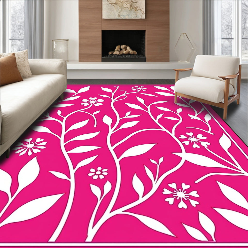 Vibrant Pink Floral Vine Pattern Rug