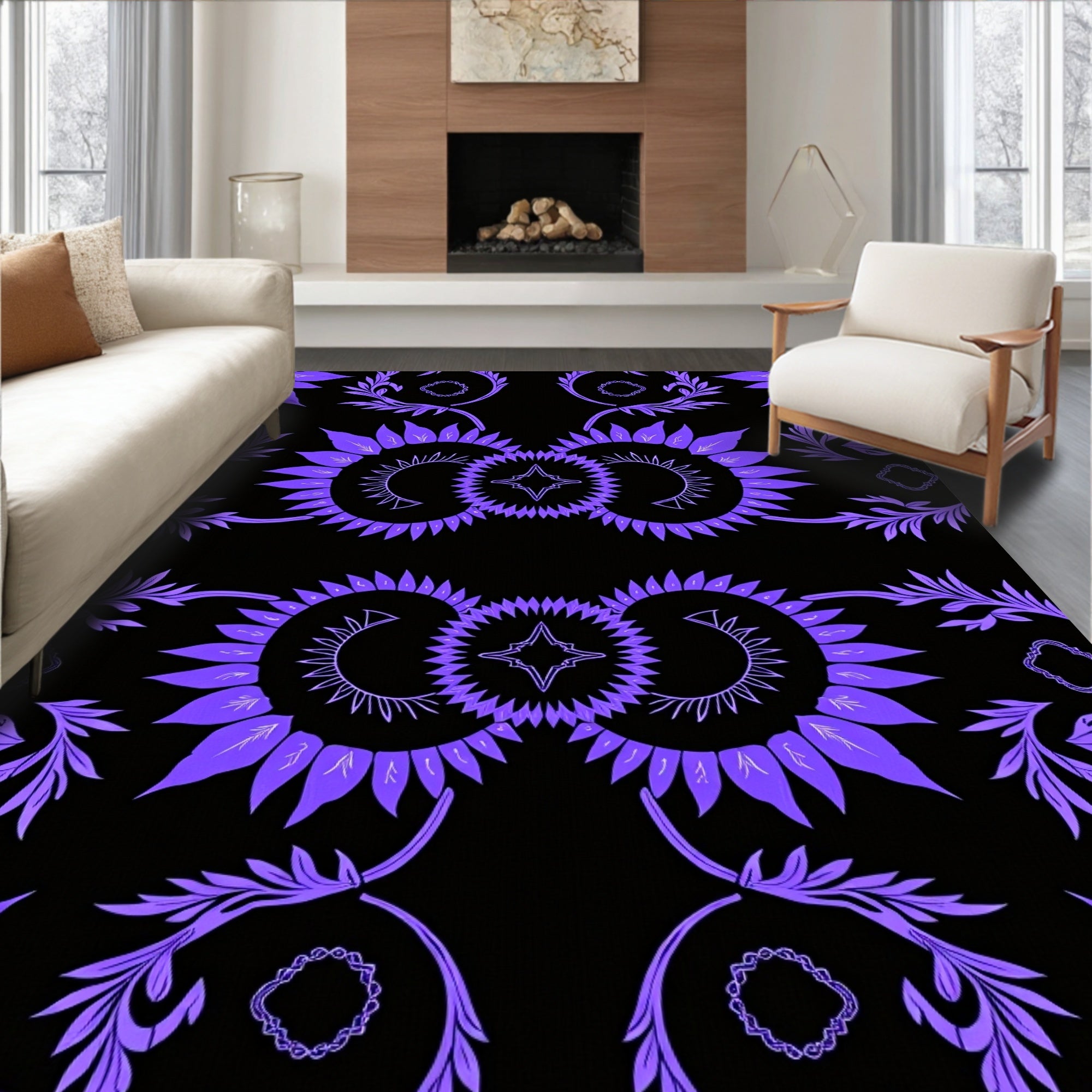 Bold Purple Sunburst Floral Pattern Rug