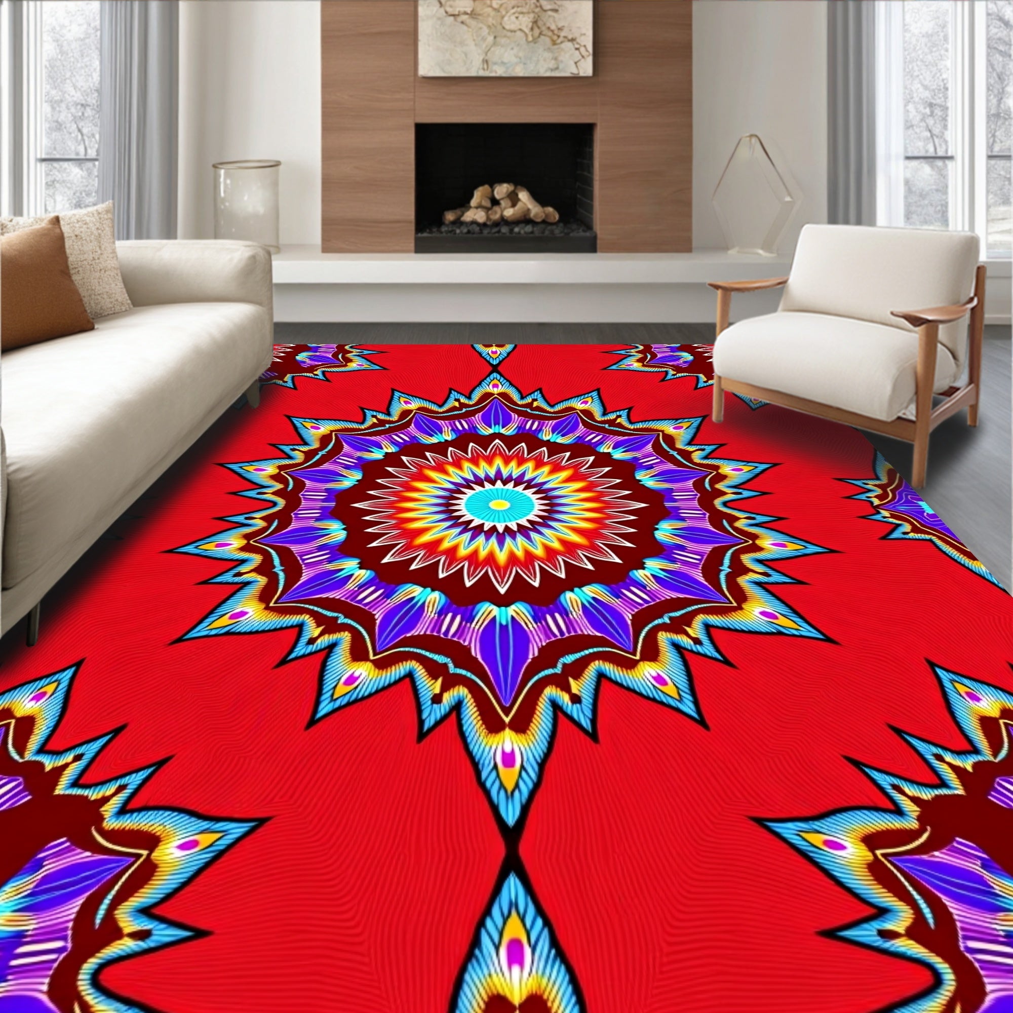 Vibrant Sunburst Mandala Pattern Rug