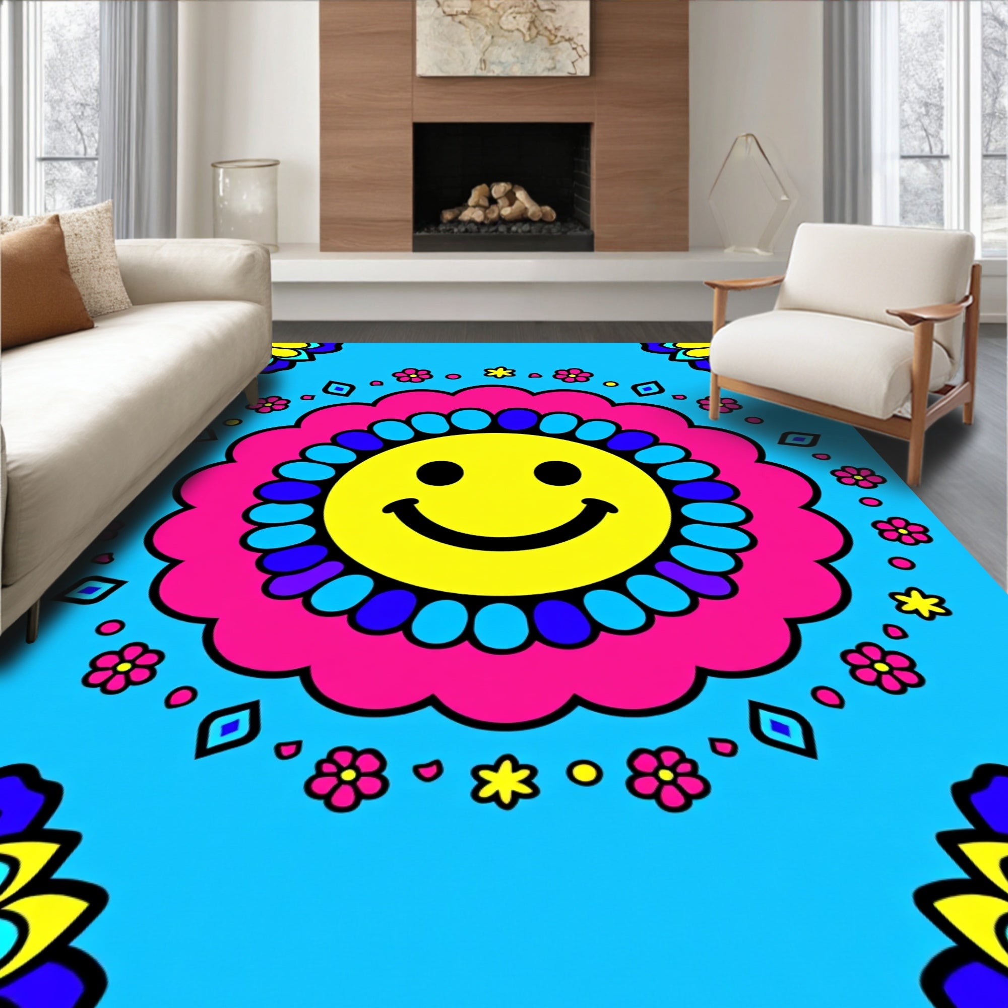 Groovy Smiley Flower Geometric Design Rug
