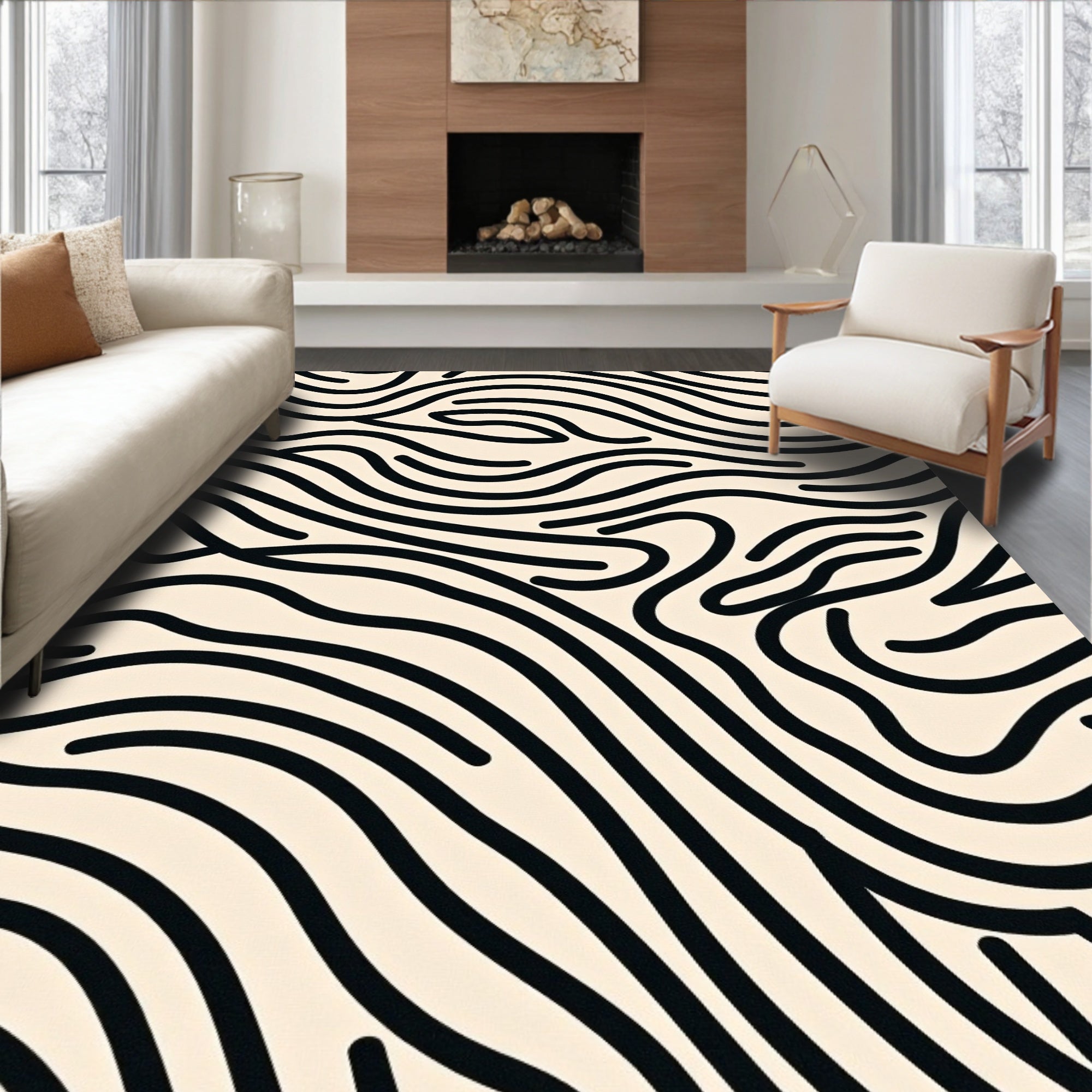 Organic Wavy Black Lines Pattern Rug