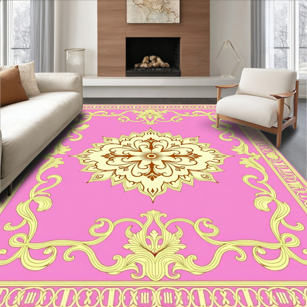 Ornate Pink Gold Floral Medallion Rug