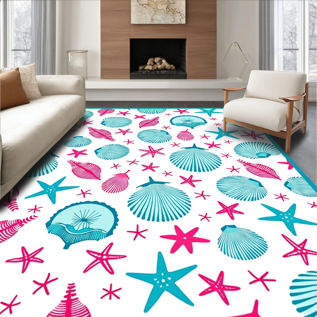 Teal Pink Seashell Patterned Design Rug