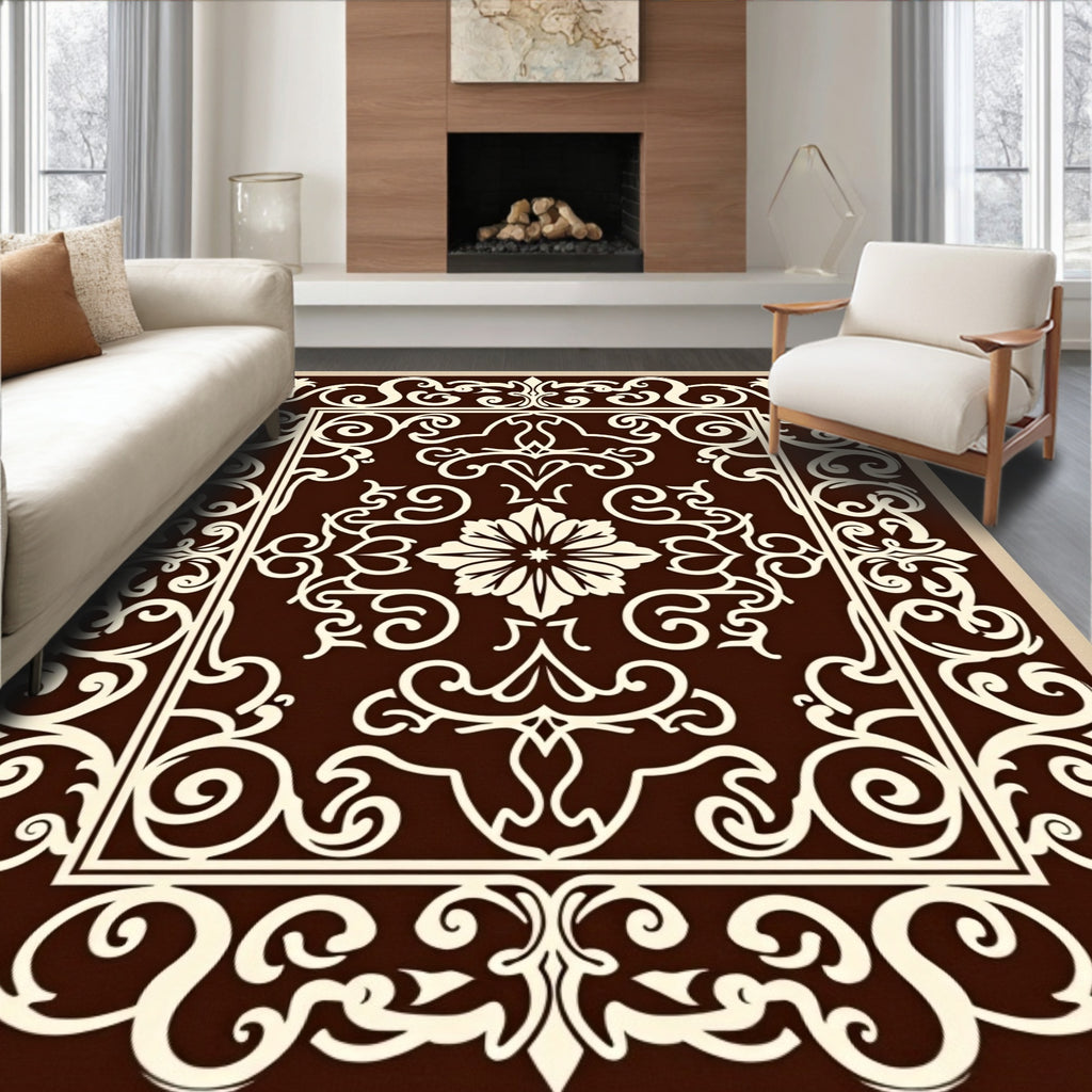Elegant Scrollwork Floral Brown Rug