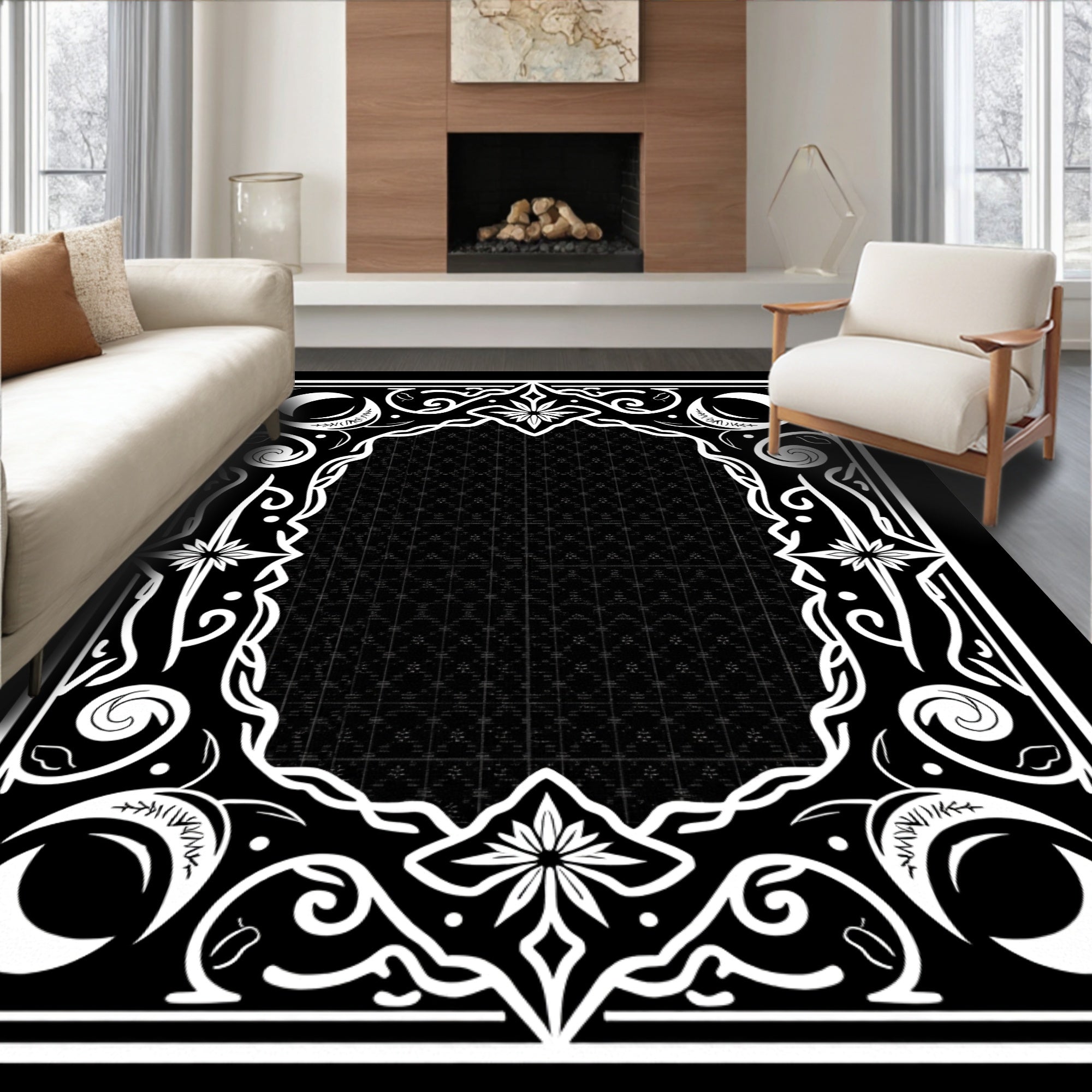Mystical Celestial Crescent Floral Border Rug