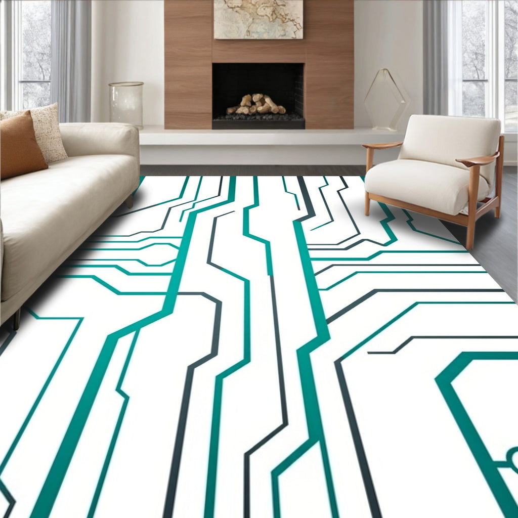 Circuit Board Patterned Teal Rug