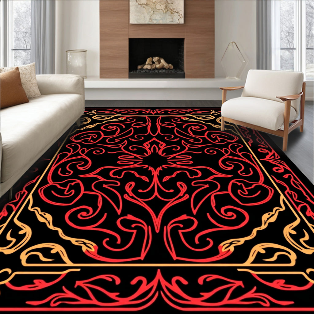 Crimson And Gold Swirl Pattern Rug
