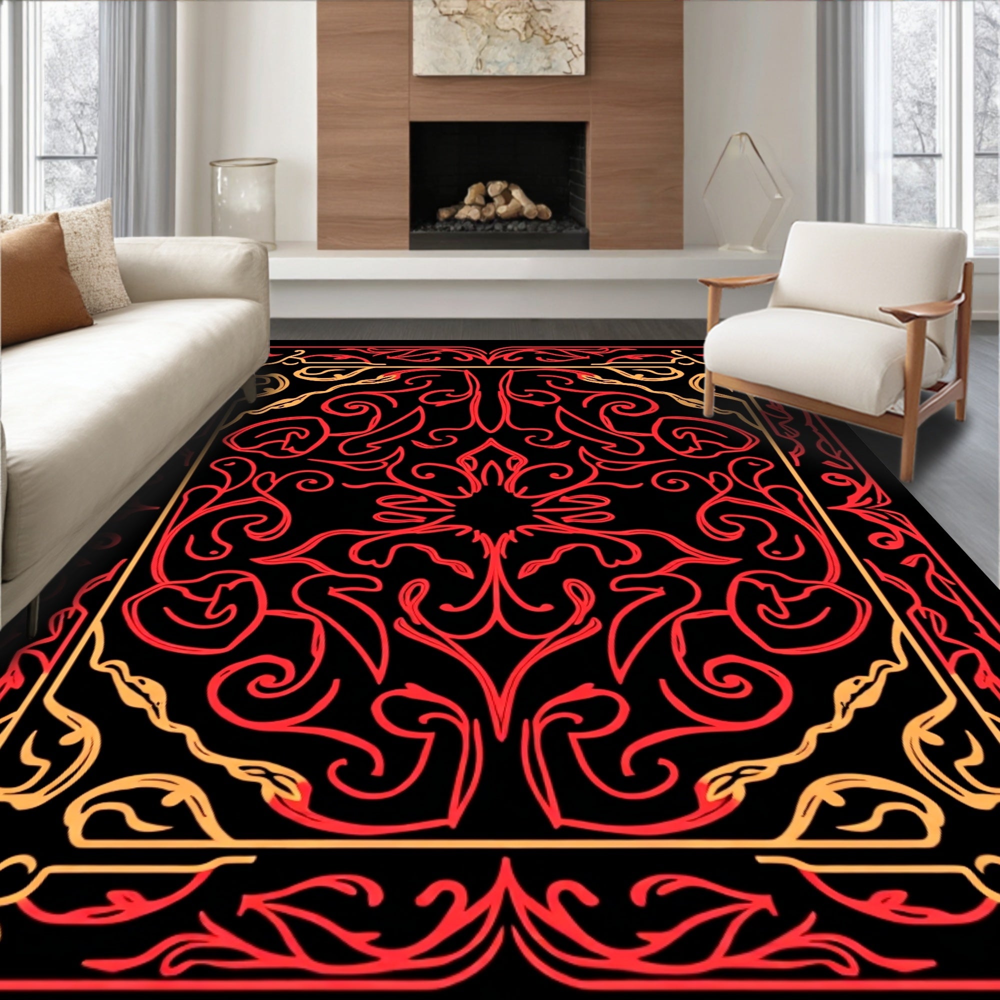 Crimson And Gold Swirl Pattern Rug