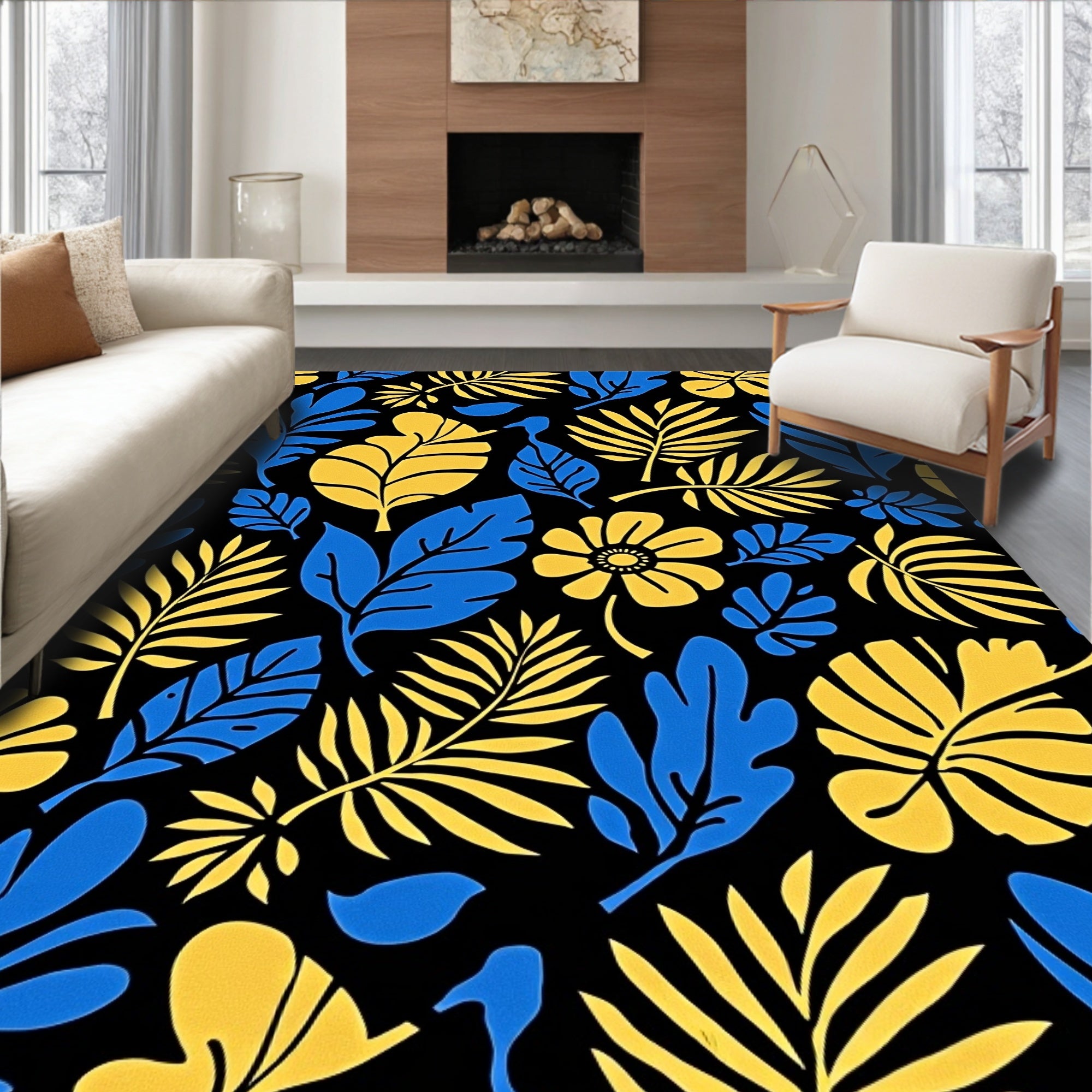 Bold Tropical Leaf Flower Pattern Rug