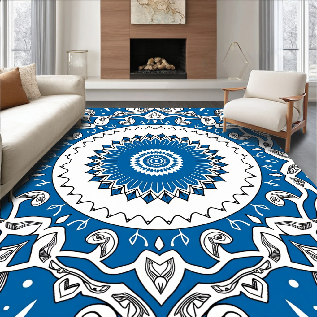 Intricate Blue White Floral Mandala Rug