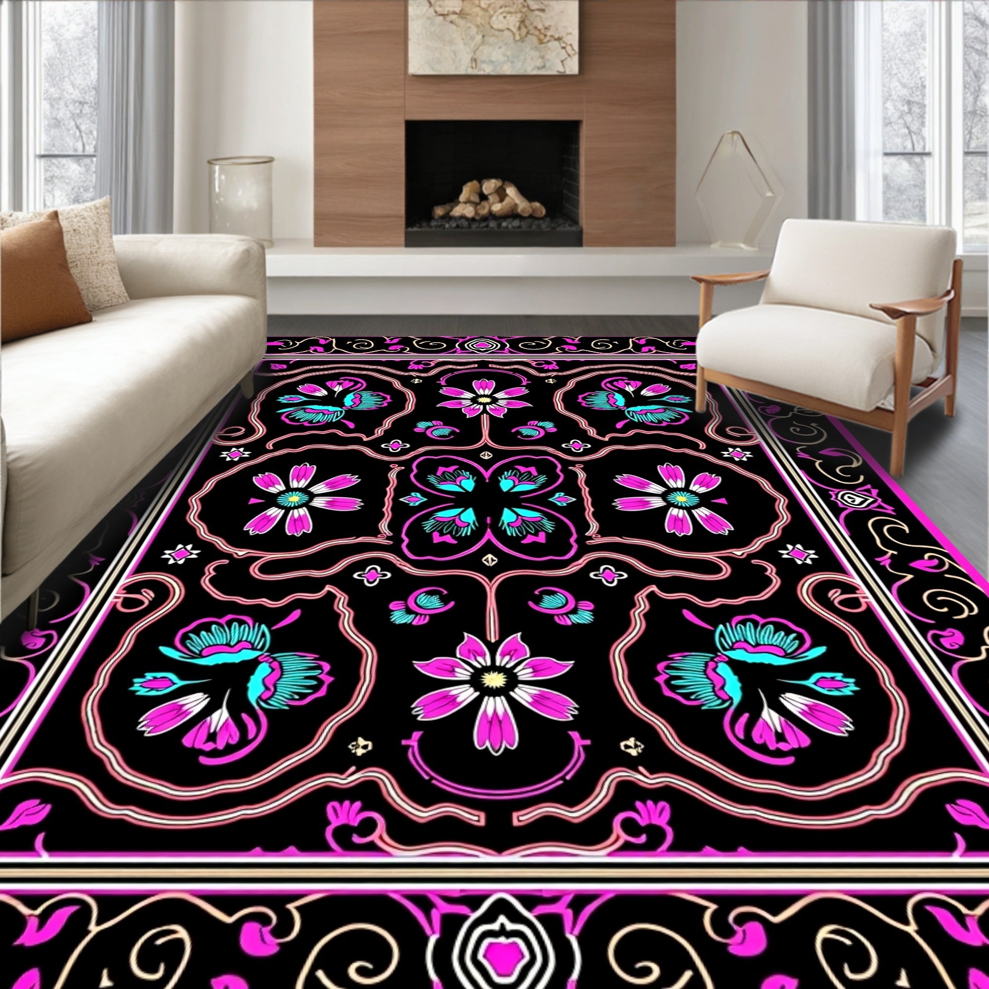 Pink Teal Floral Swirl Pattern Rug