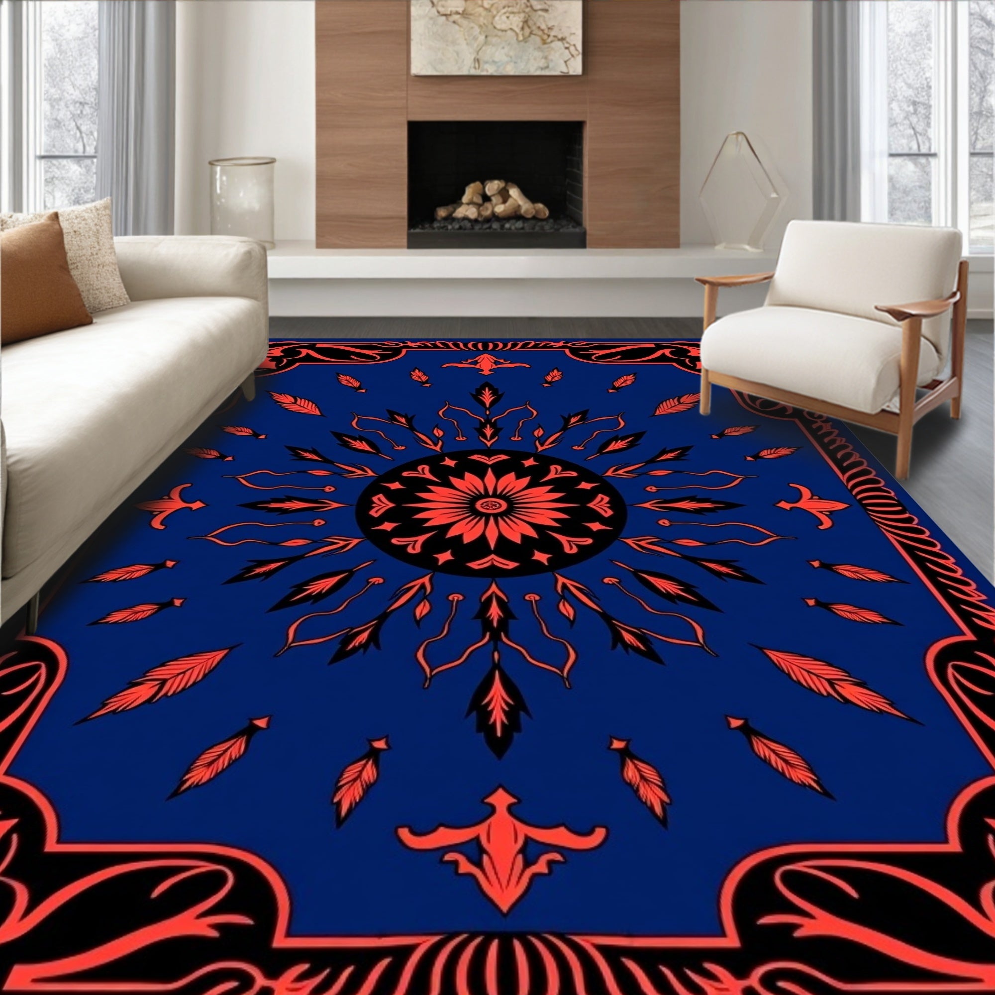 Bold Sunburst Floral Feather Design Rug