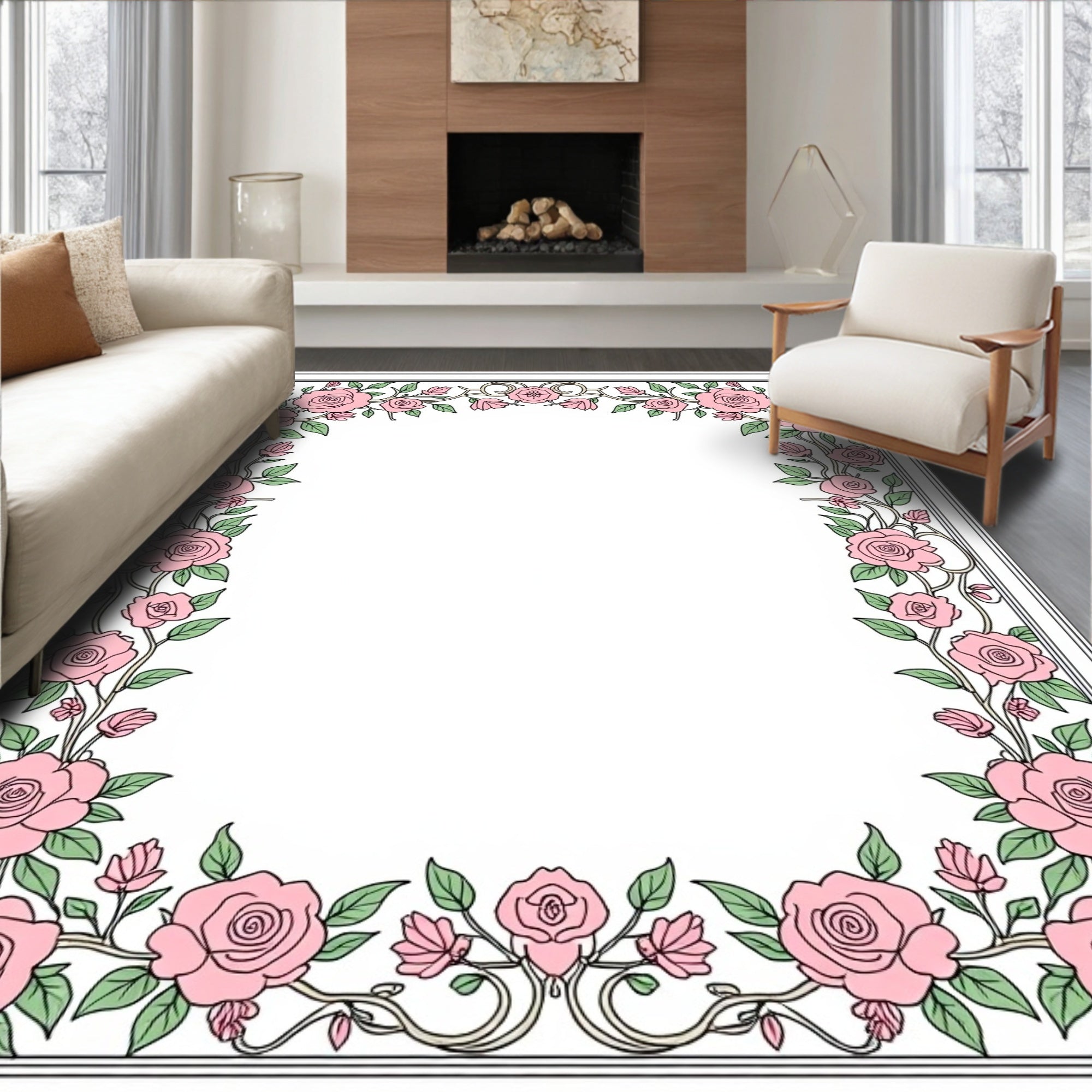 Floral Vine Pink Rose Pattern Rug