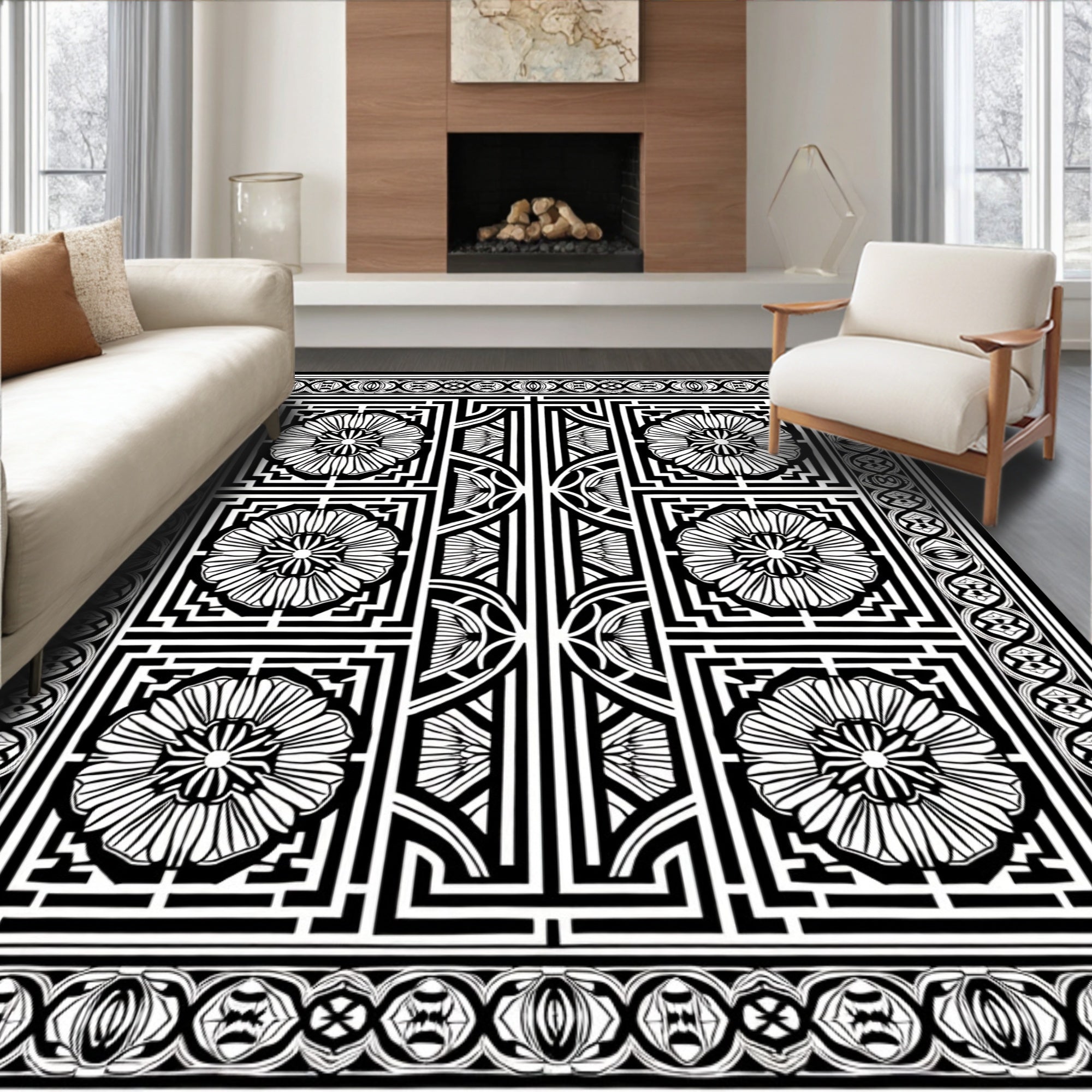 Classic Black White Floral Geometric Rug