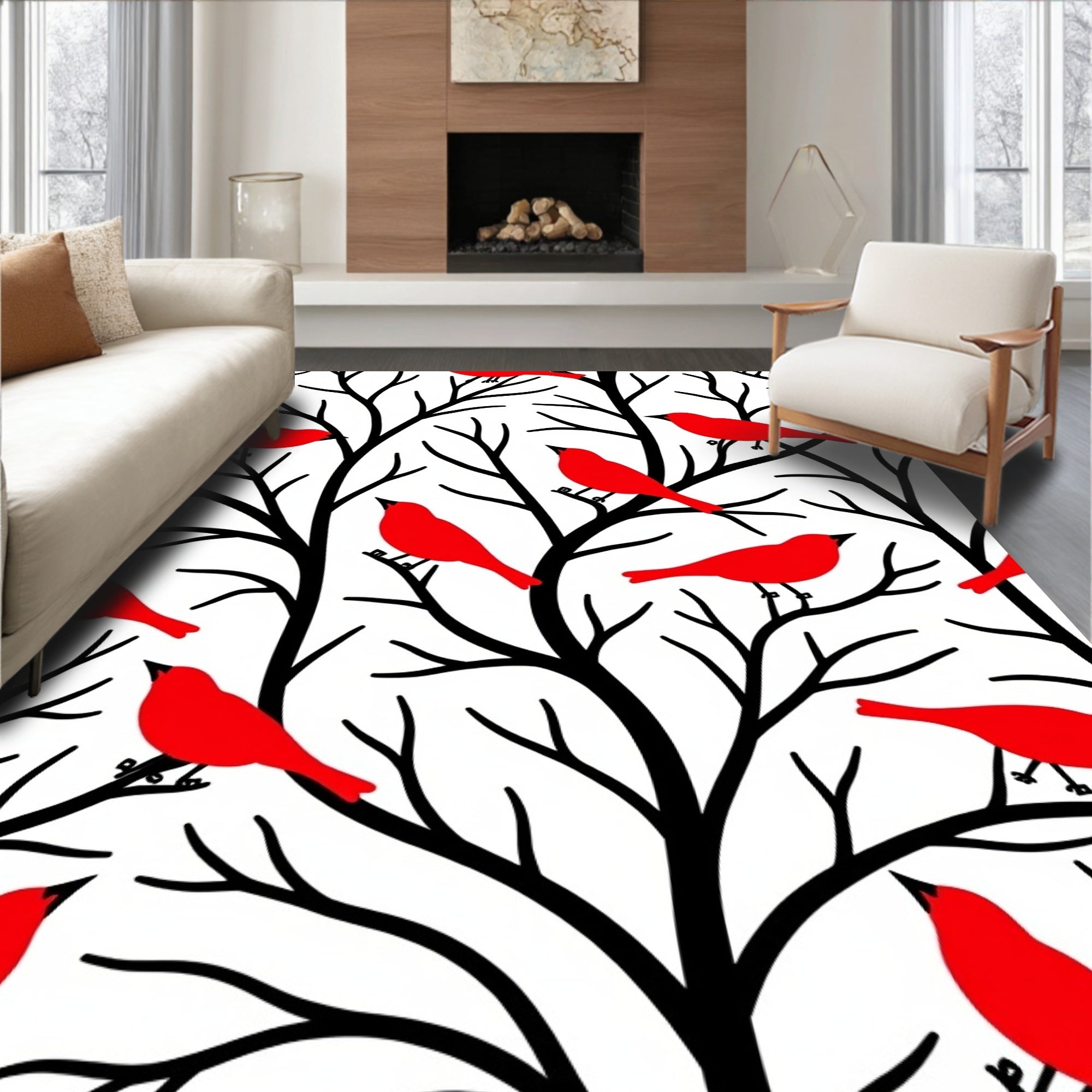 Vibrant Red Birds Black Branches Rug