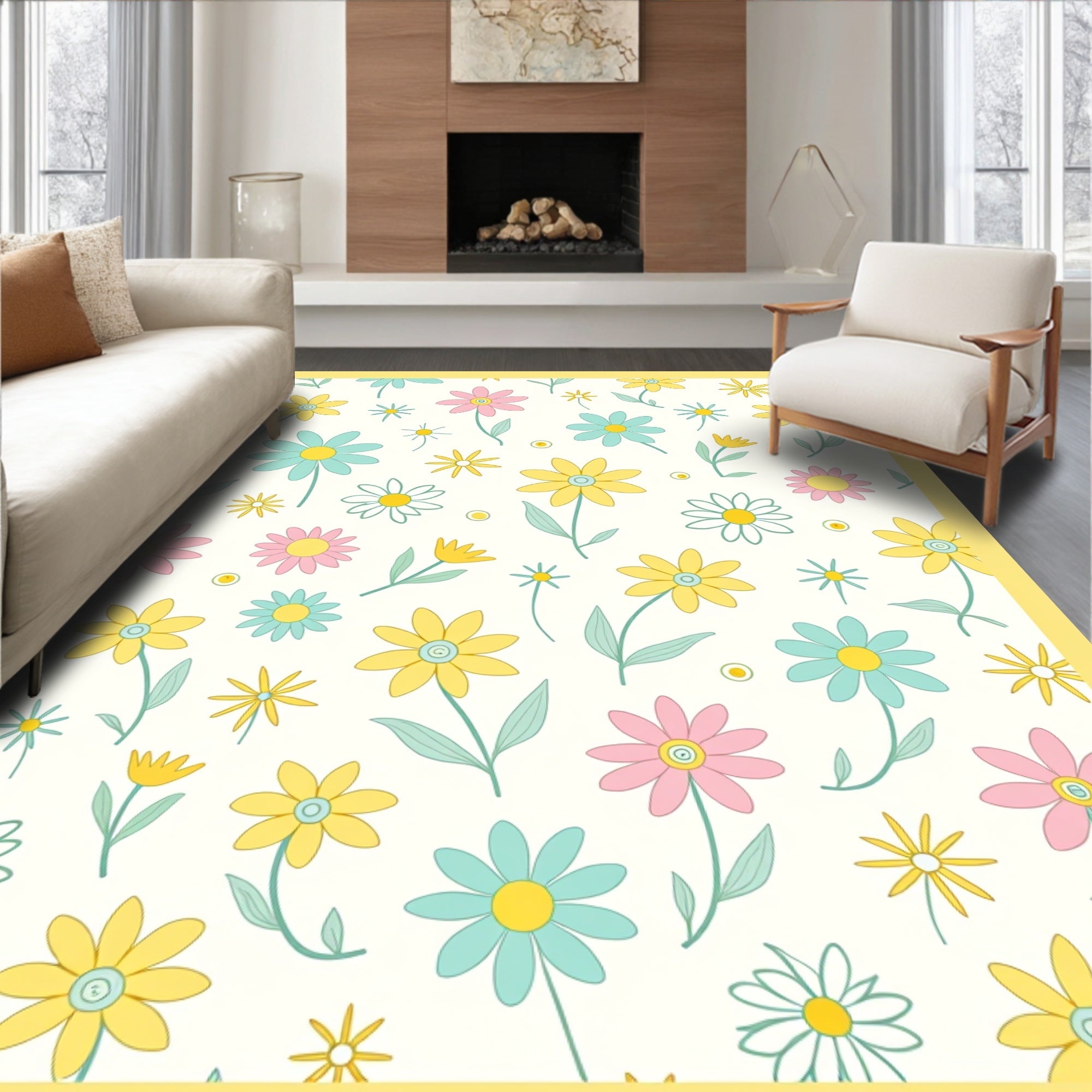 Retro Daisy Floral Print Rug