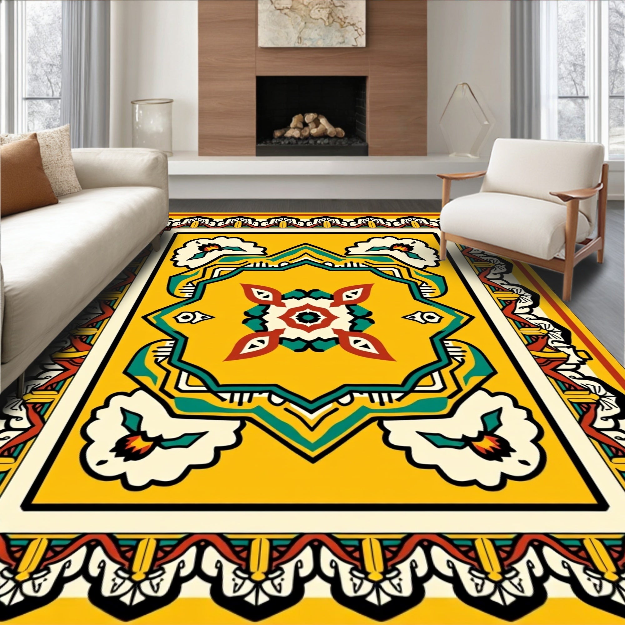 Yellow Floral Geometric Motif Rug