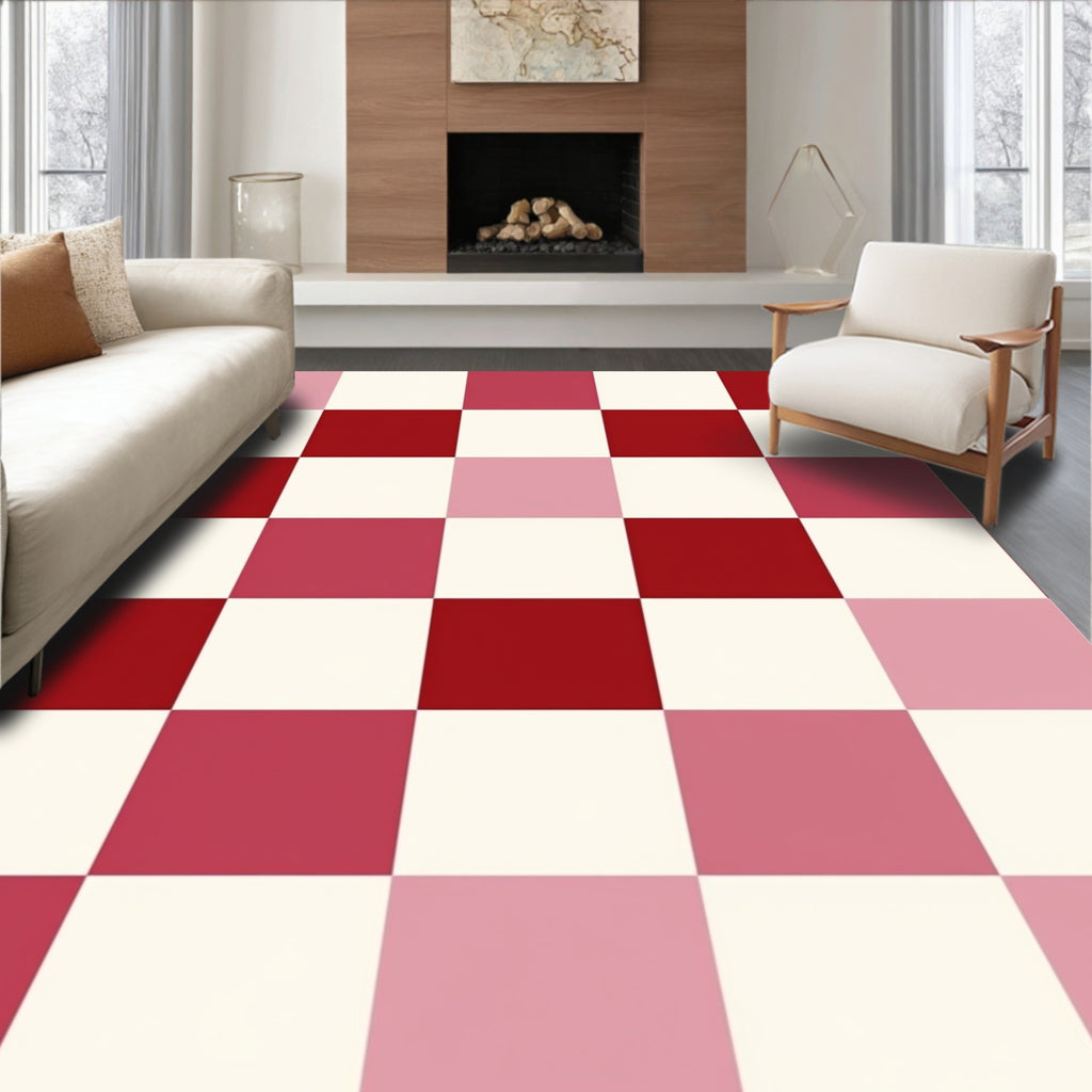 Checkerboard Red Pink White Pattern Rug