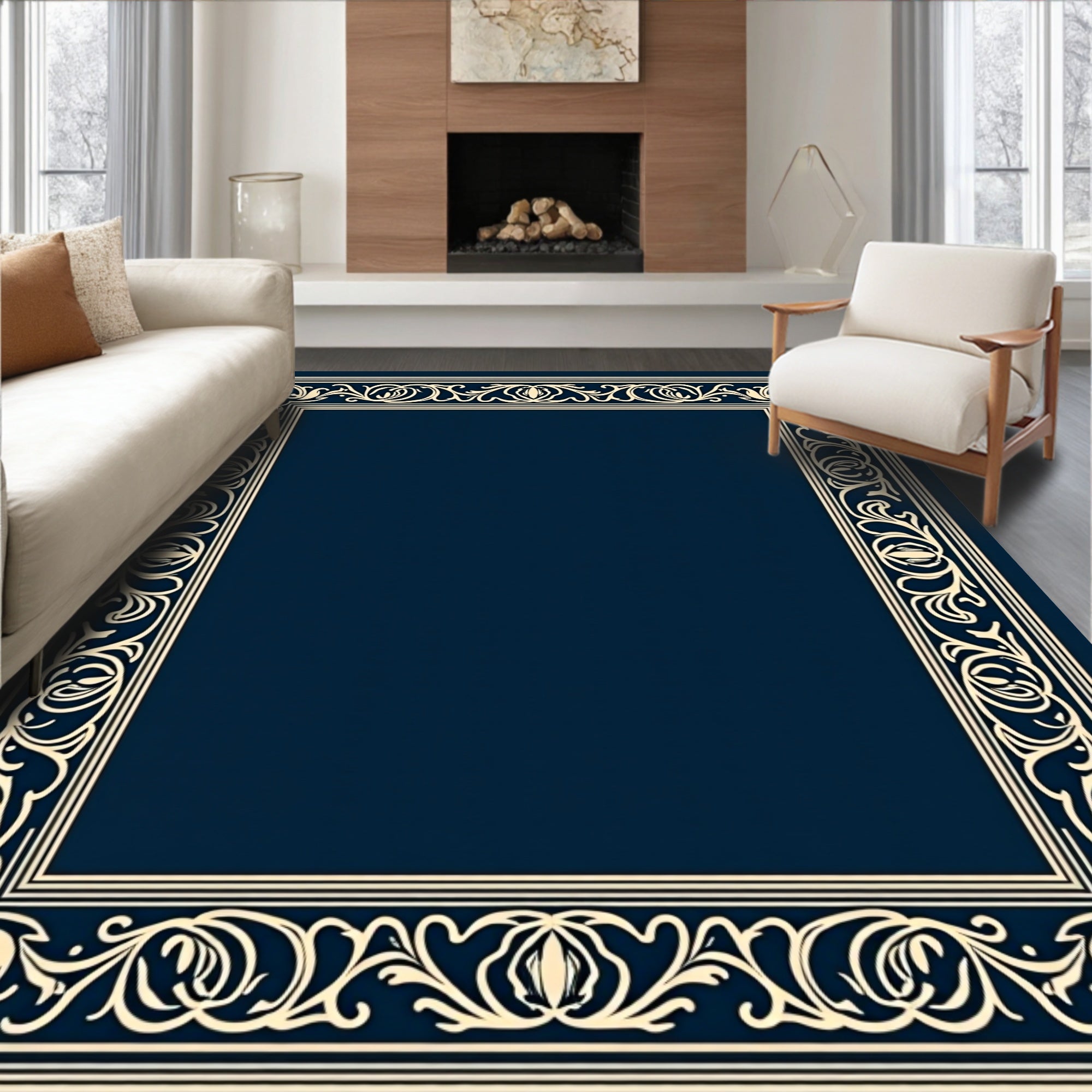 Elegant Cream Floral Vine Border Design Rug