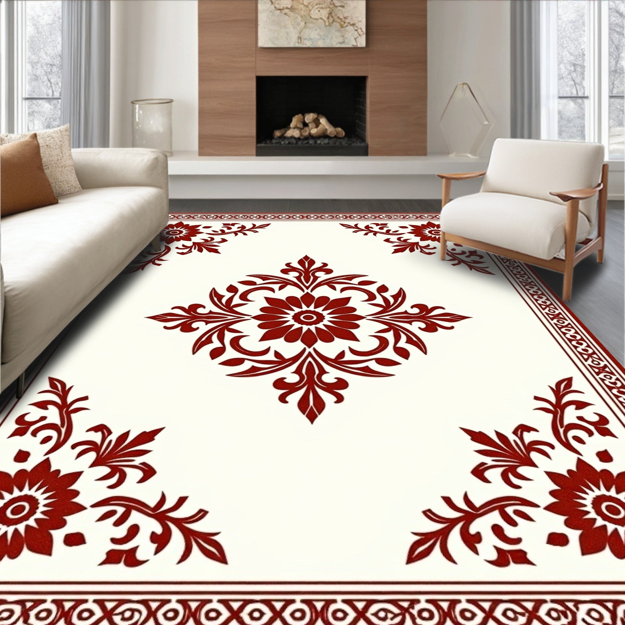Damask Floral Crimson Border Rug
