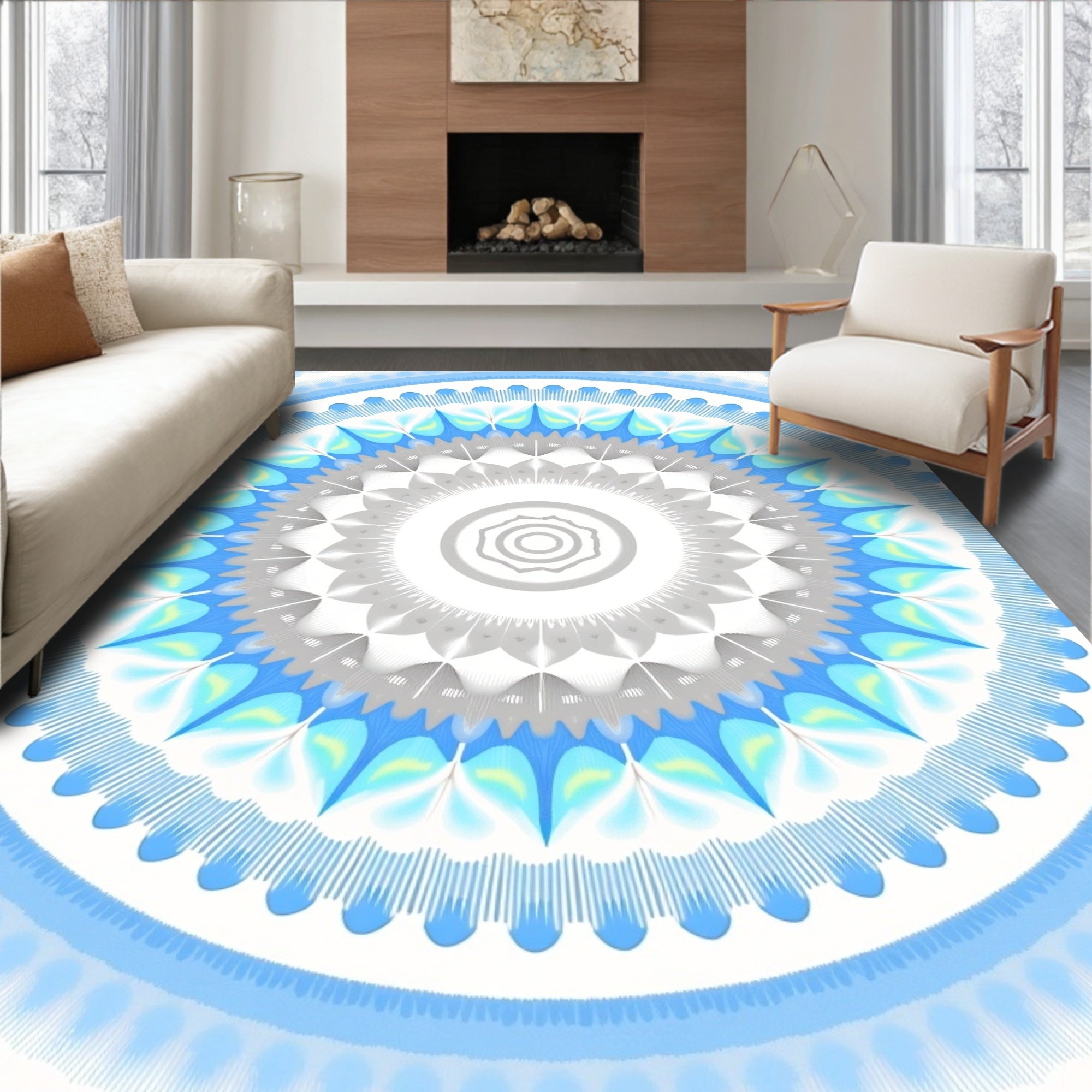 Cool Toned Geometric Mandala Pattern Rug