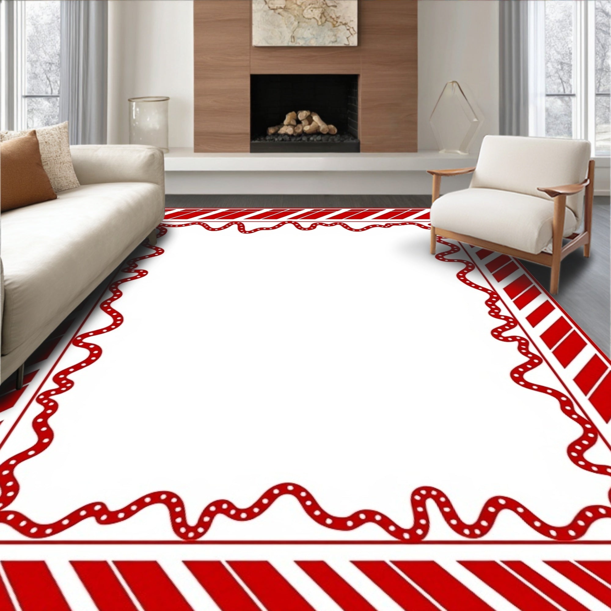 Crimson White Stripe Border Waves Rug