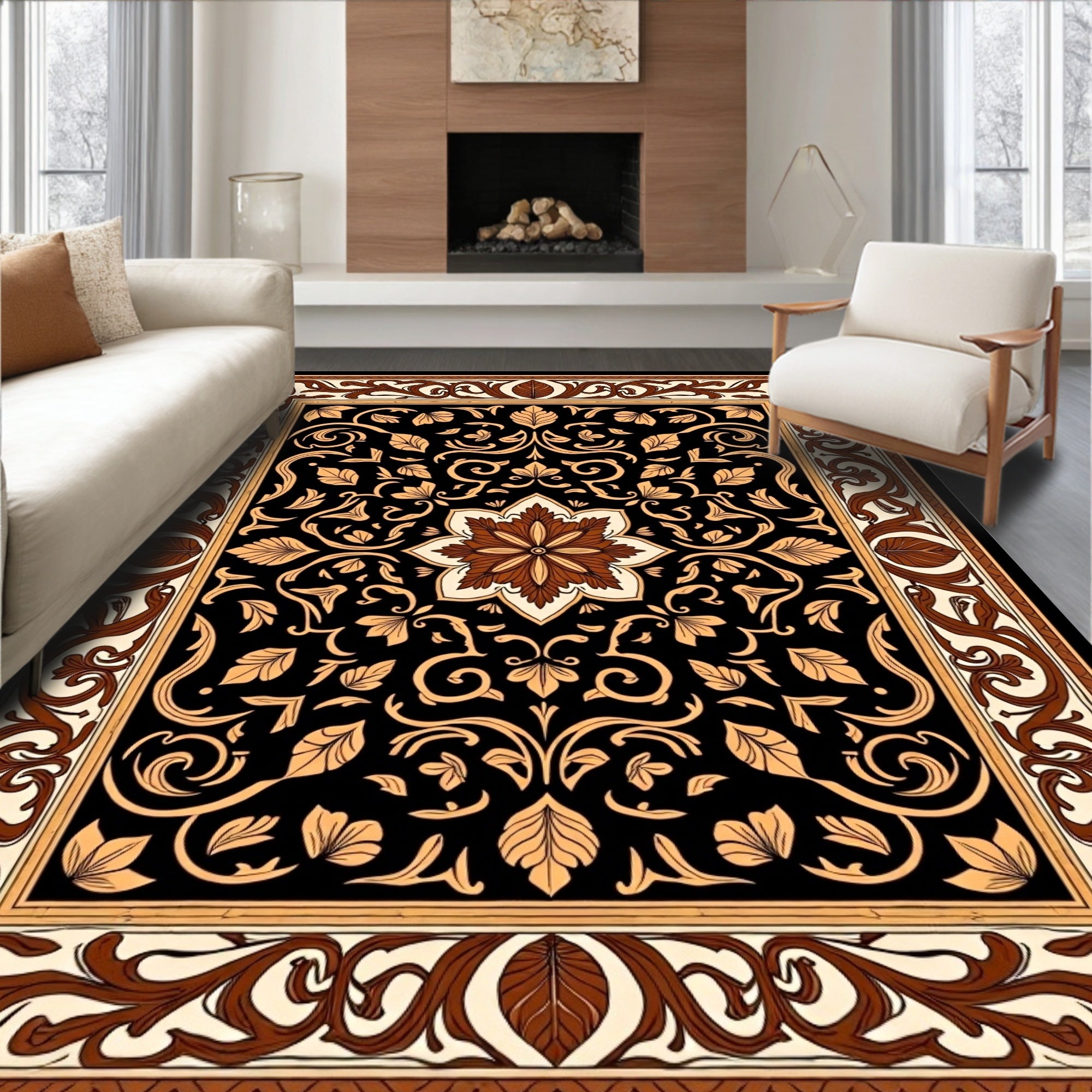 Ornate Floral Black Brown Statement Rug