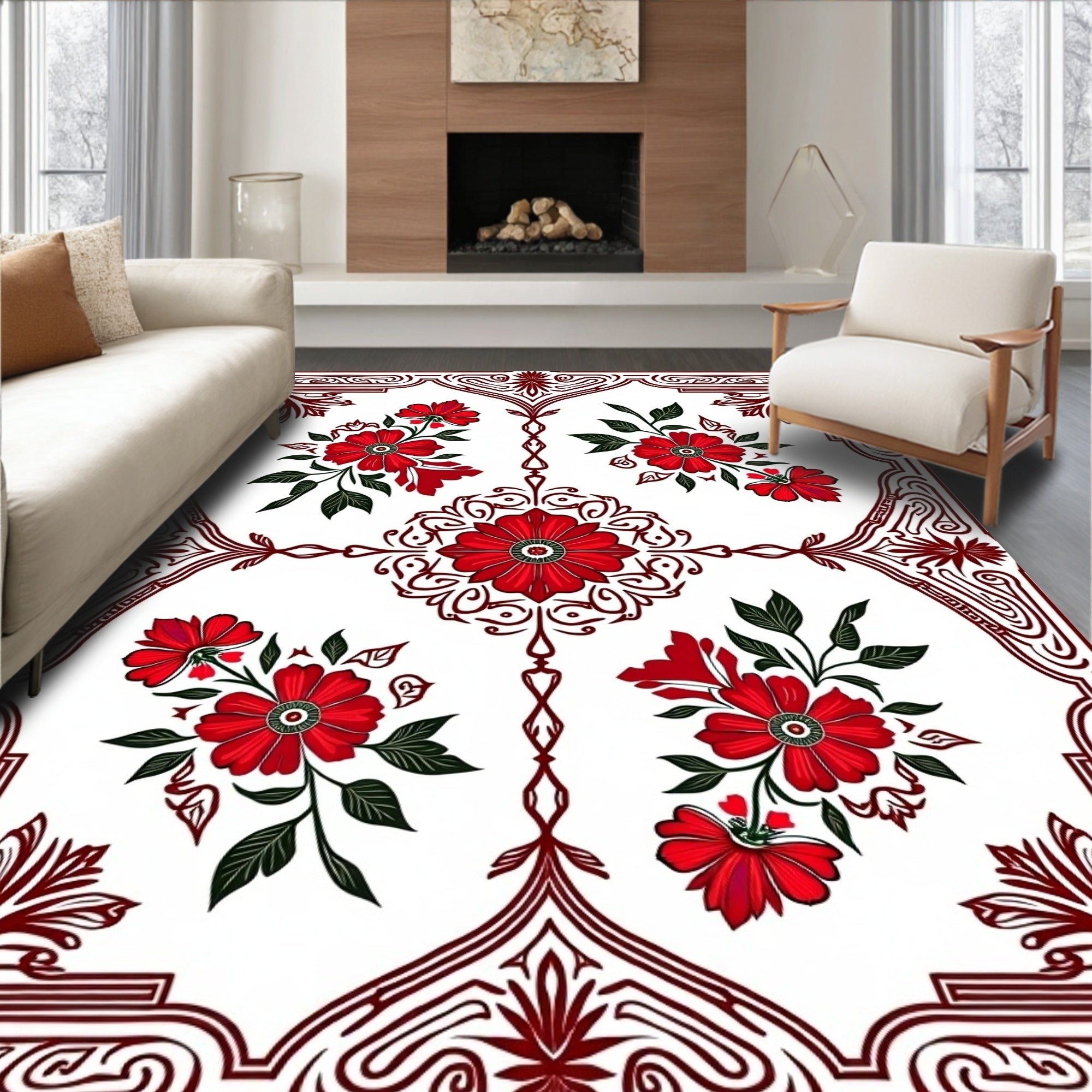 Red Floral Pattern On White Background Rug