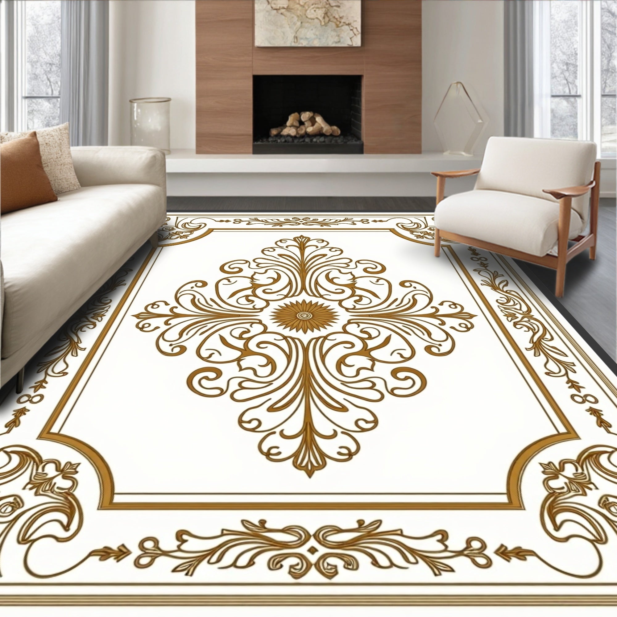Ornate Gold Scrolling Floral Centerpiece Rug