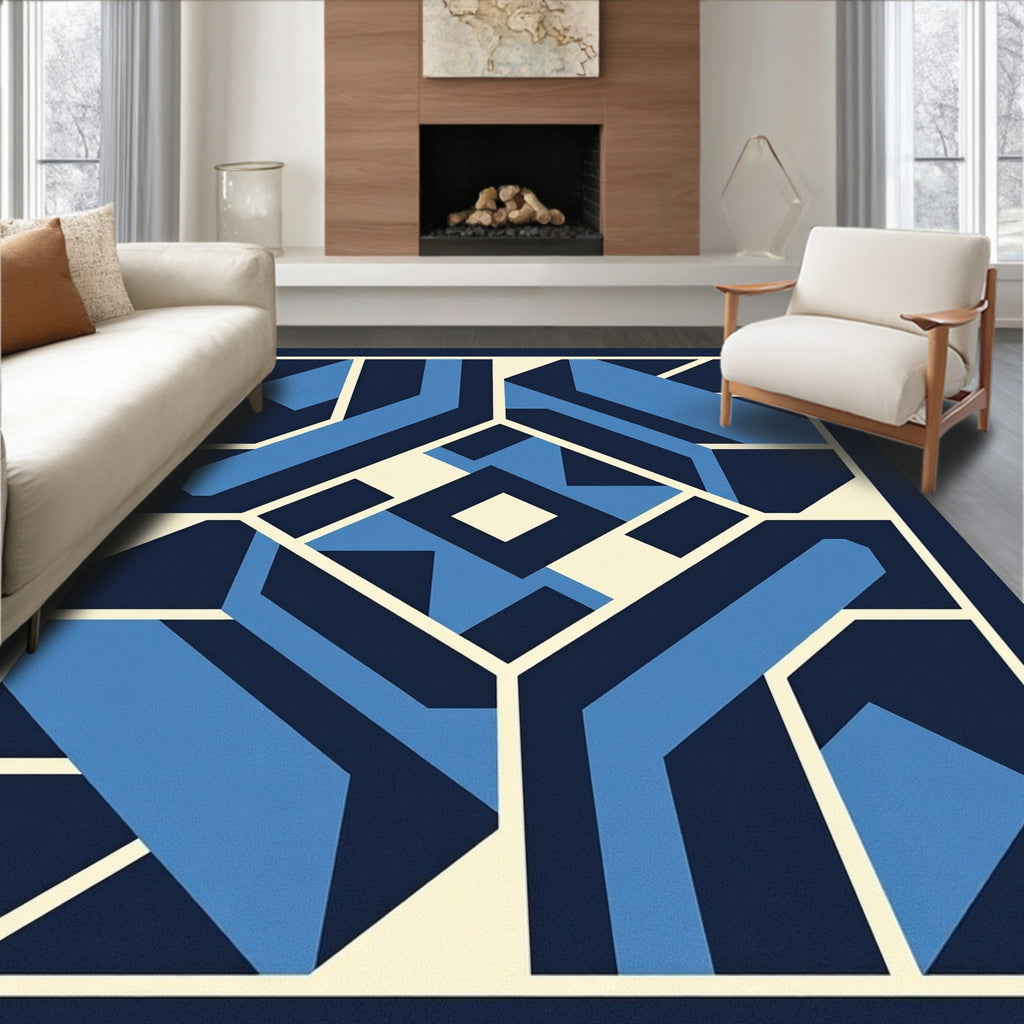 Modern Blue Cream Geometric Art Rug