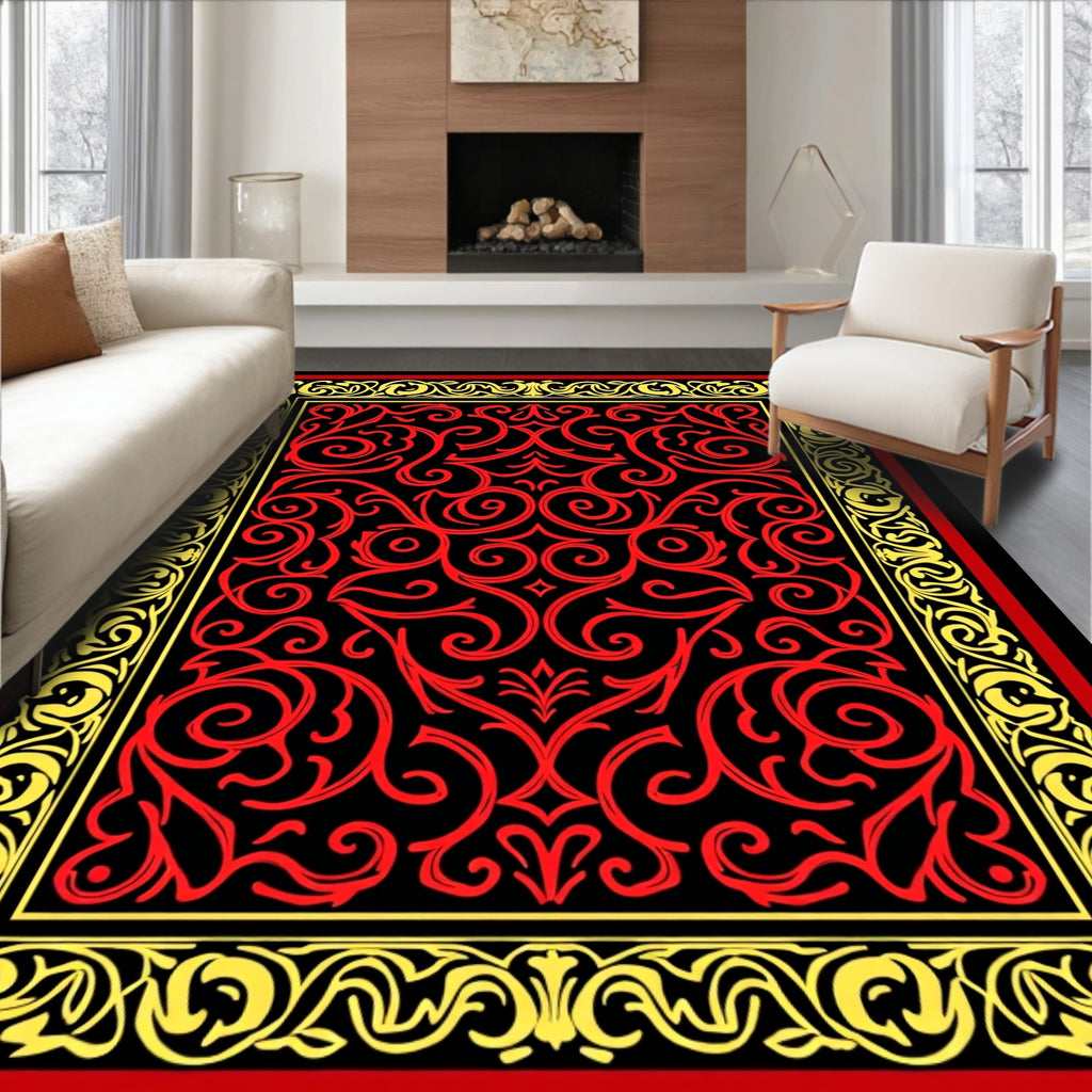 Red Yellow Floral Scroll Pattern Rug