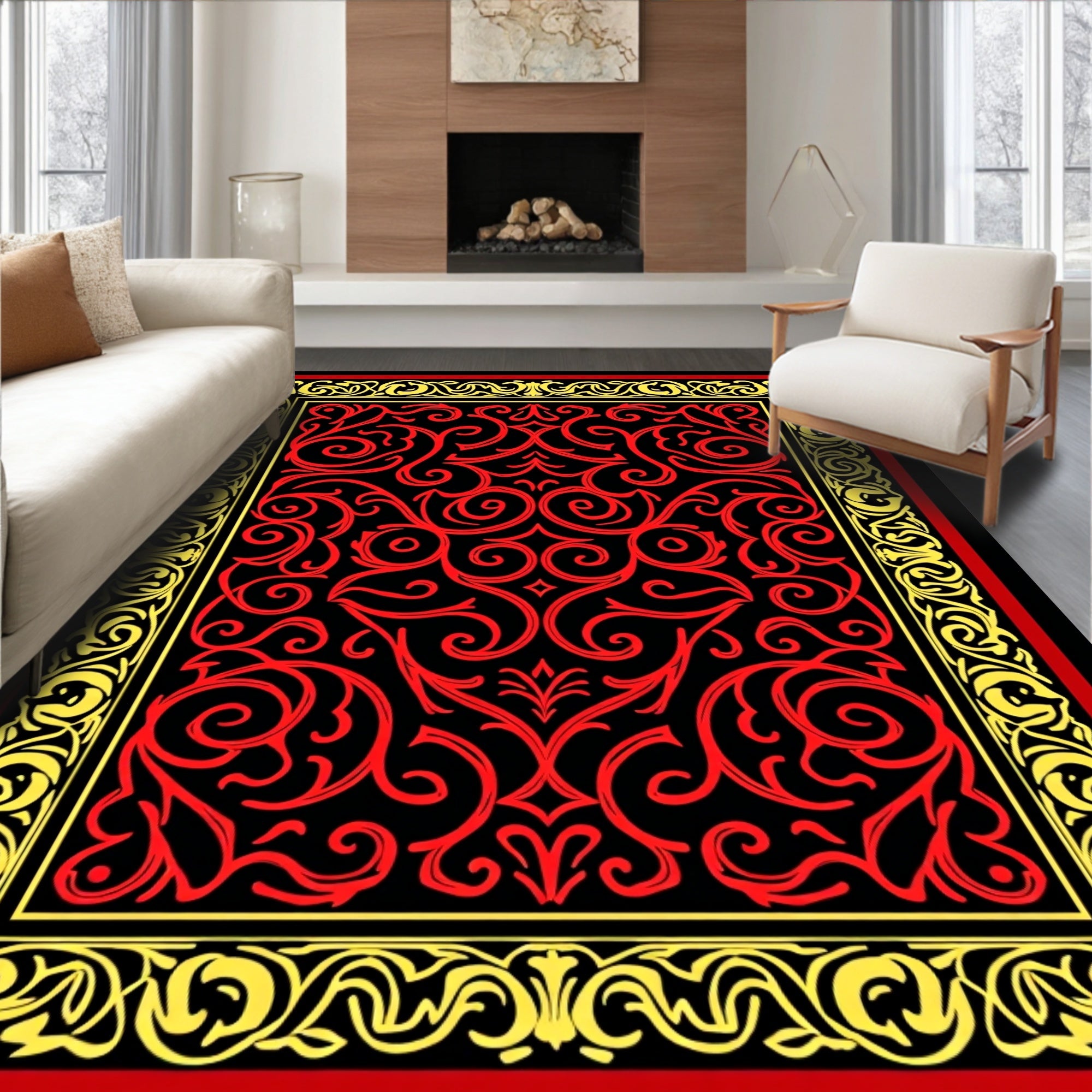 Red Yellow Floral Scroll Pattern Rug