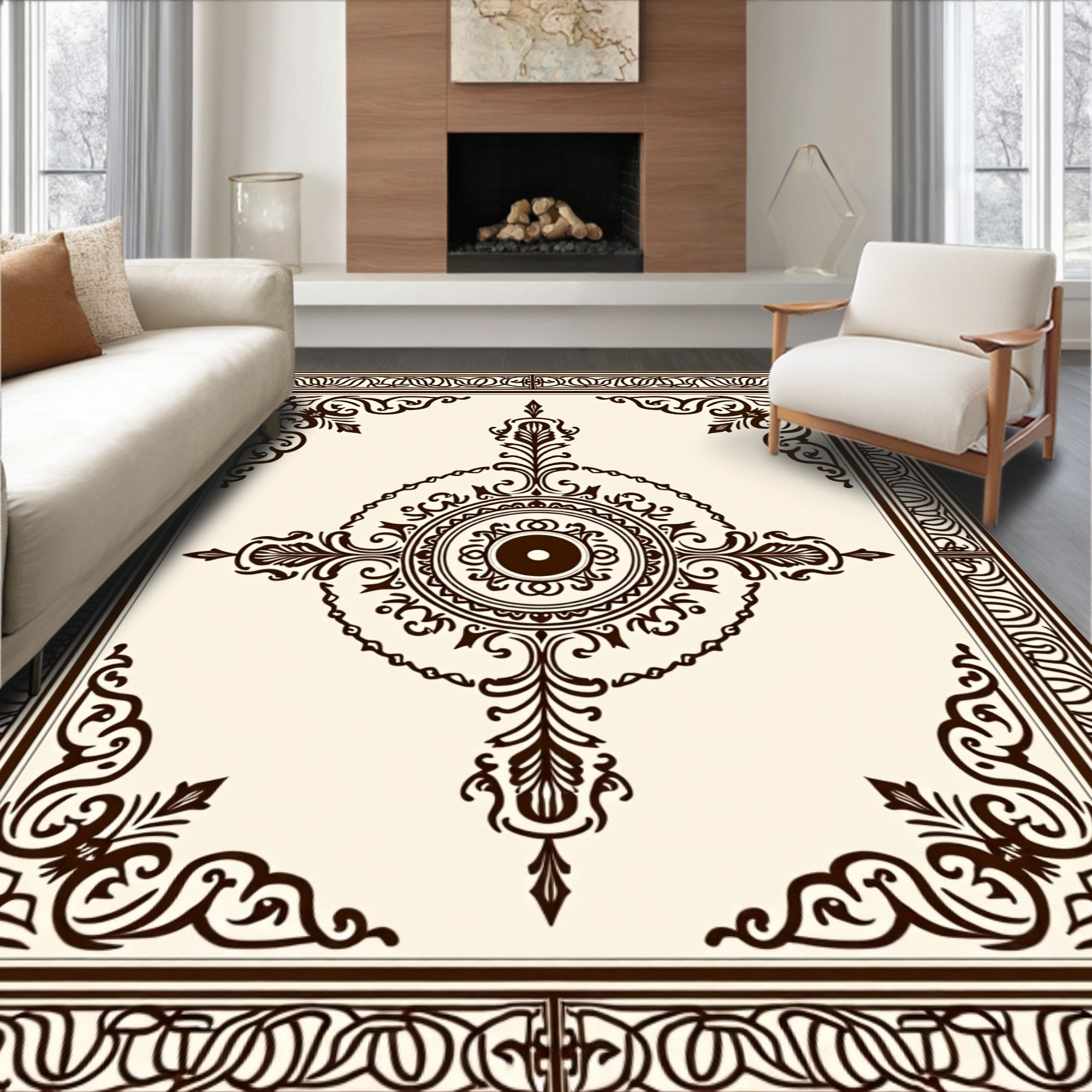 Dark Brown Ornate Scrollwork Design Rug