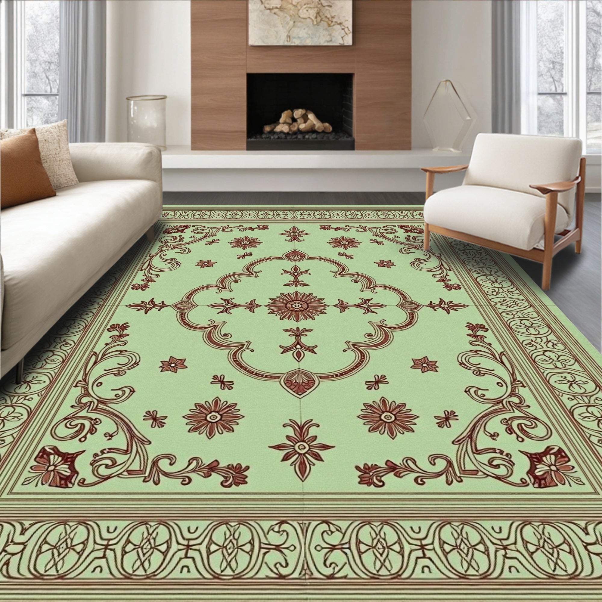 Ornate Swirl Floral Border Design Rug
