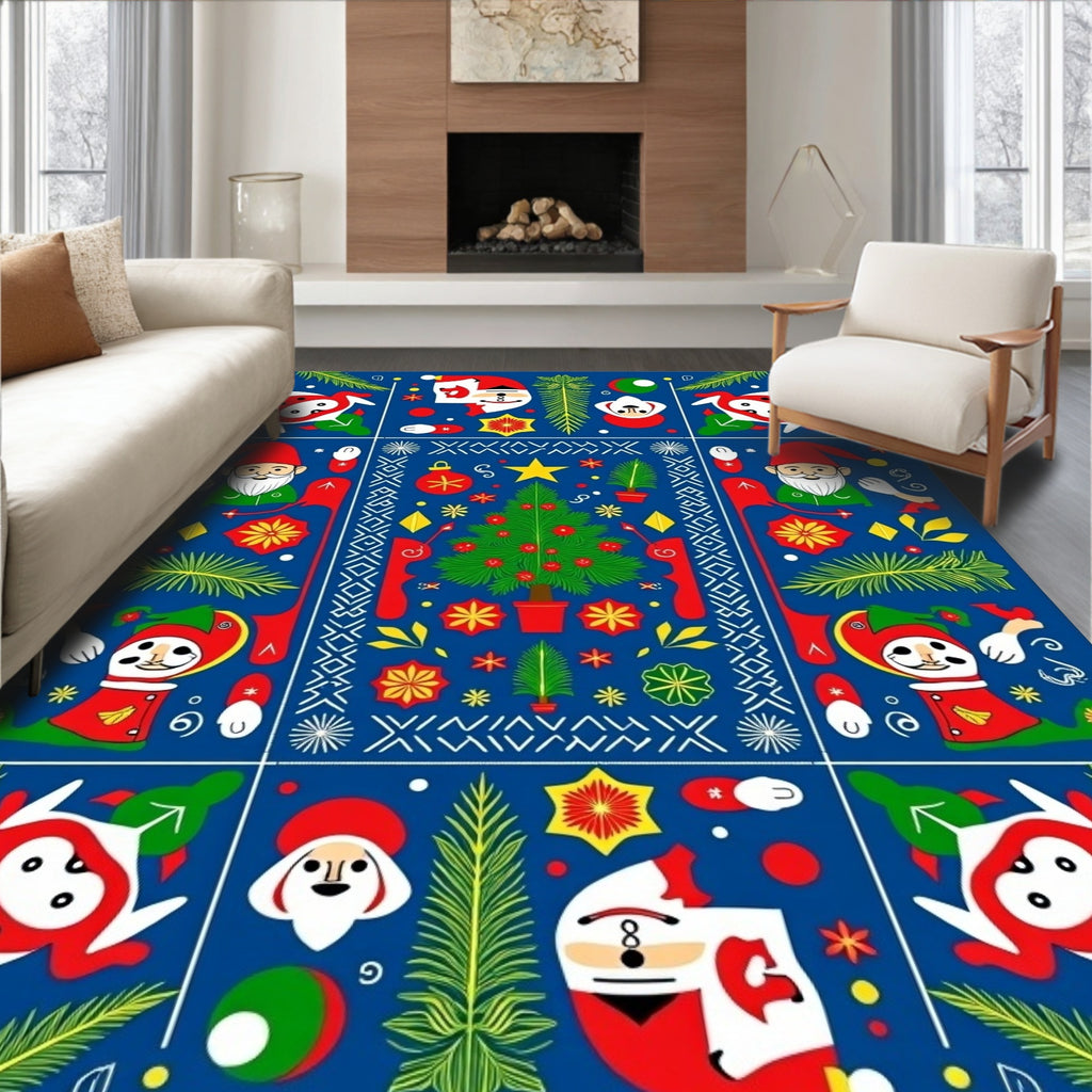 Festive Blue Christmas Folk Art Elements Rug