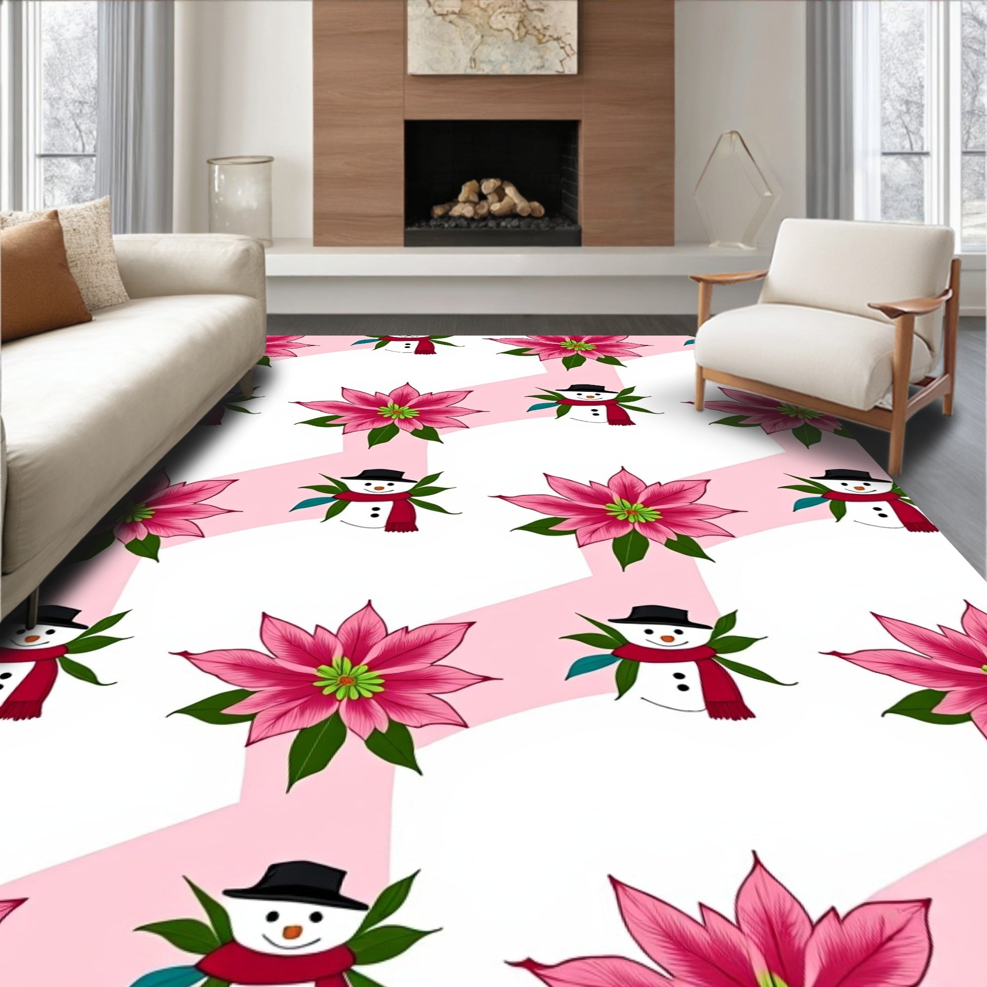 Pink Snowman Christmas Poinsettia Rug