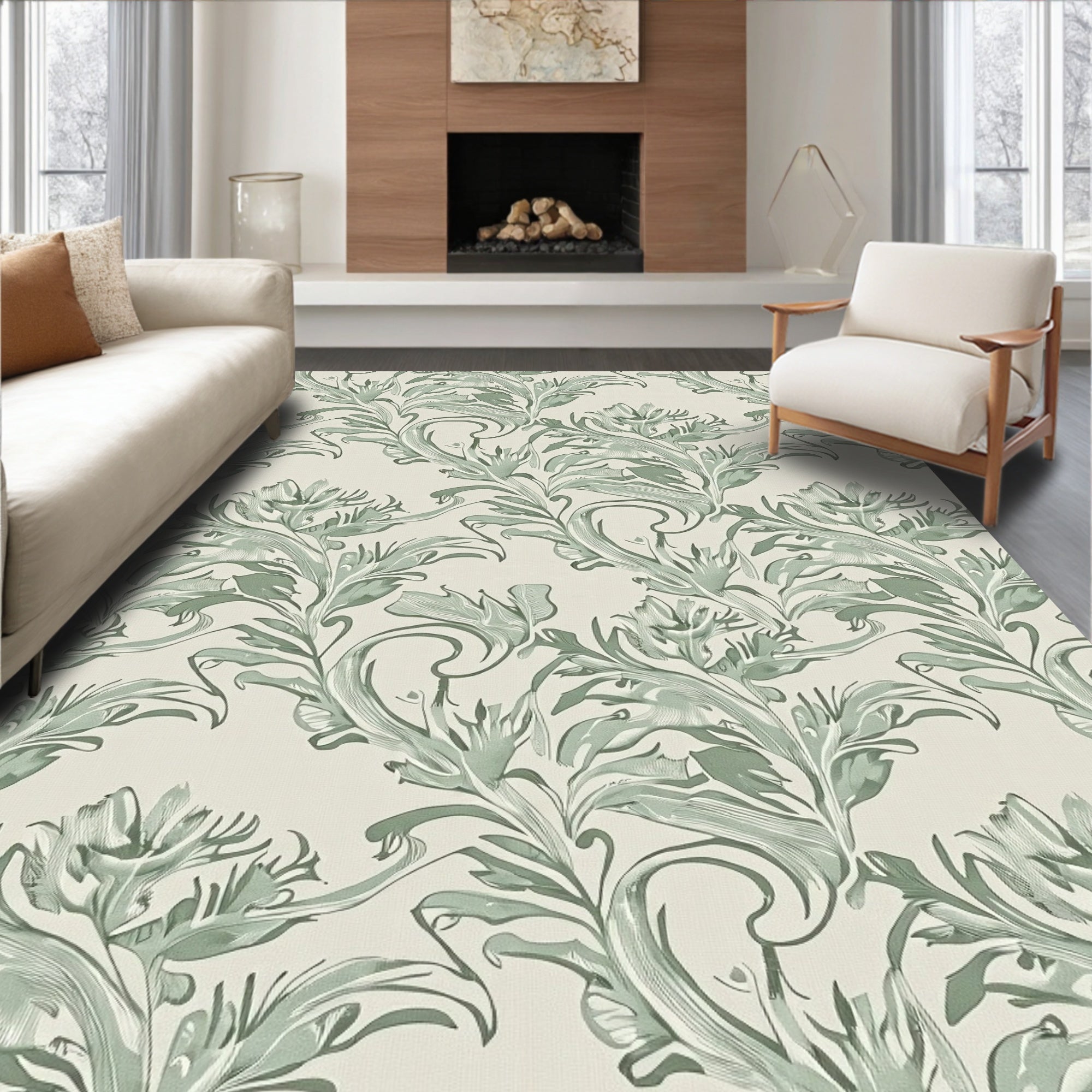 Vintage Green Floral Scroll Pattern Rug
