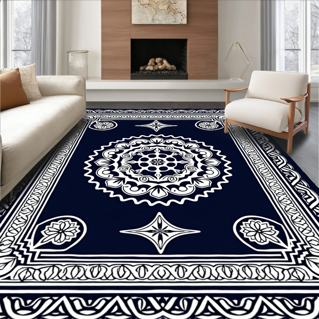 Ornate White Mandala Dark Blue Rug