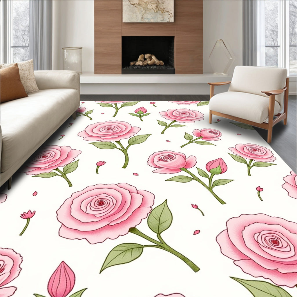 Pink Rose Blossom Botanical Pattern Rug