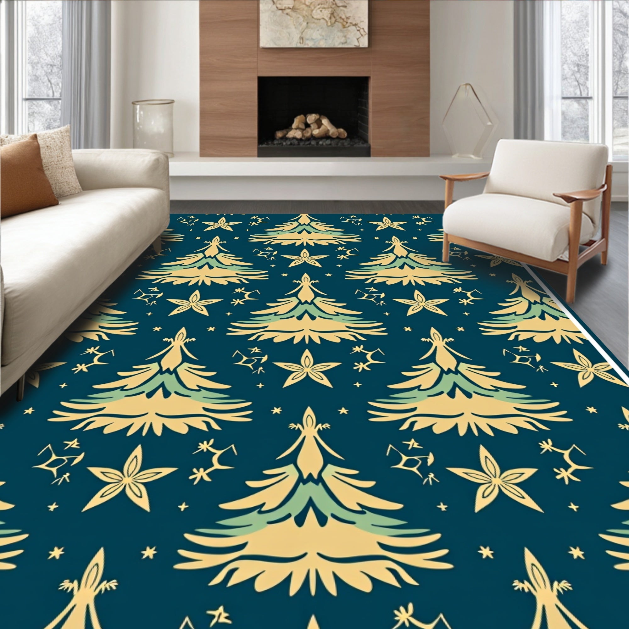 Gold Pine Trees Starry Night Abstraction Rug