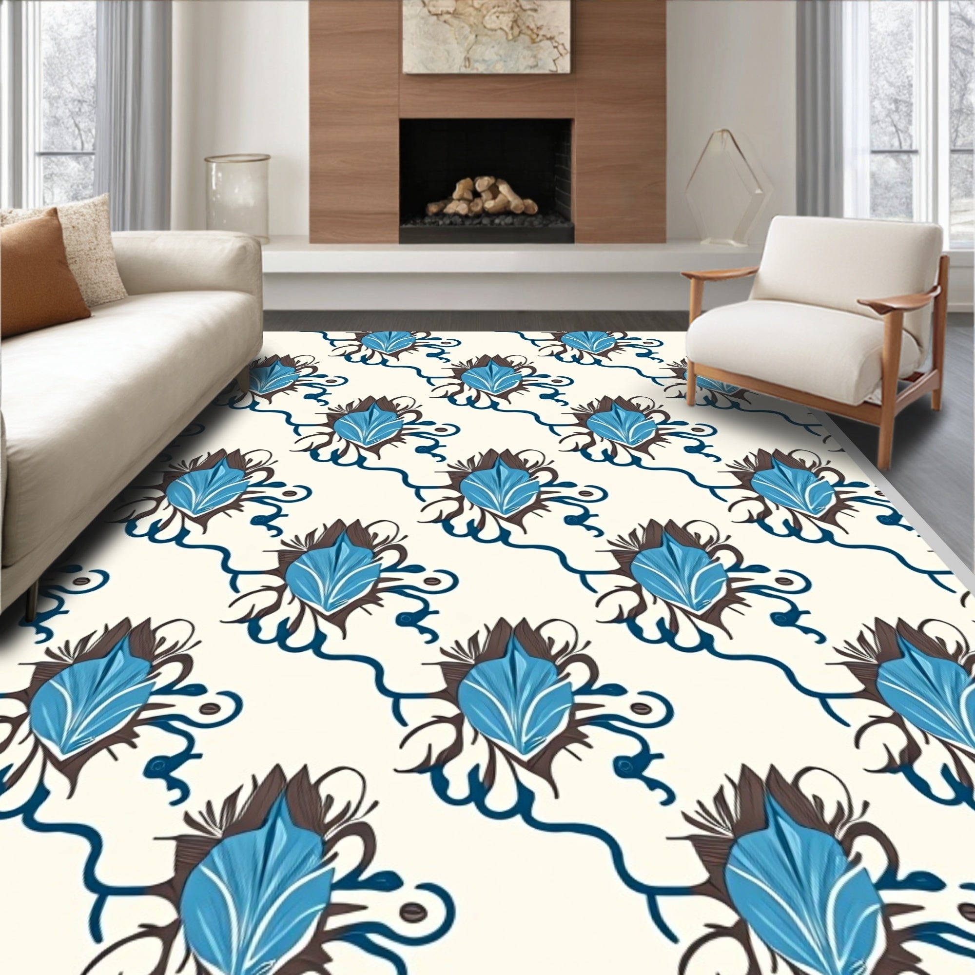 Blue Floral Swirl Pattern Rug